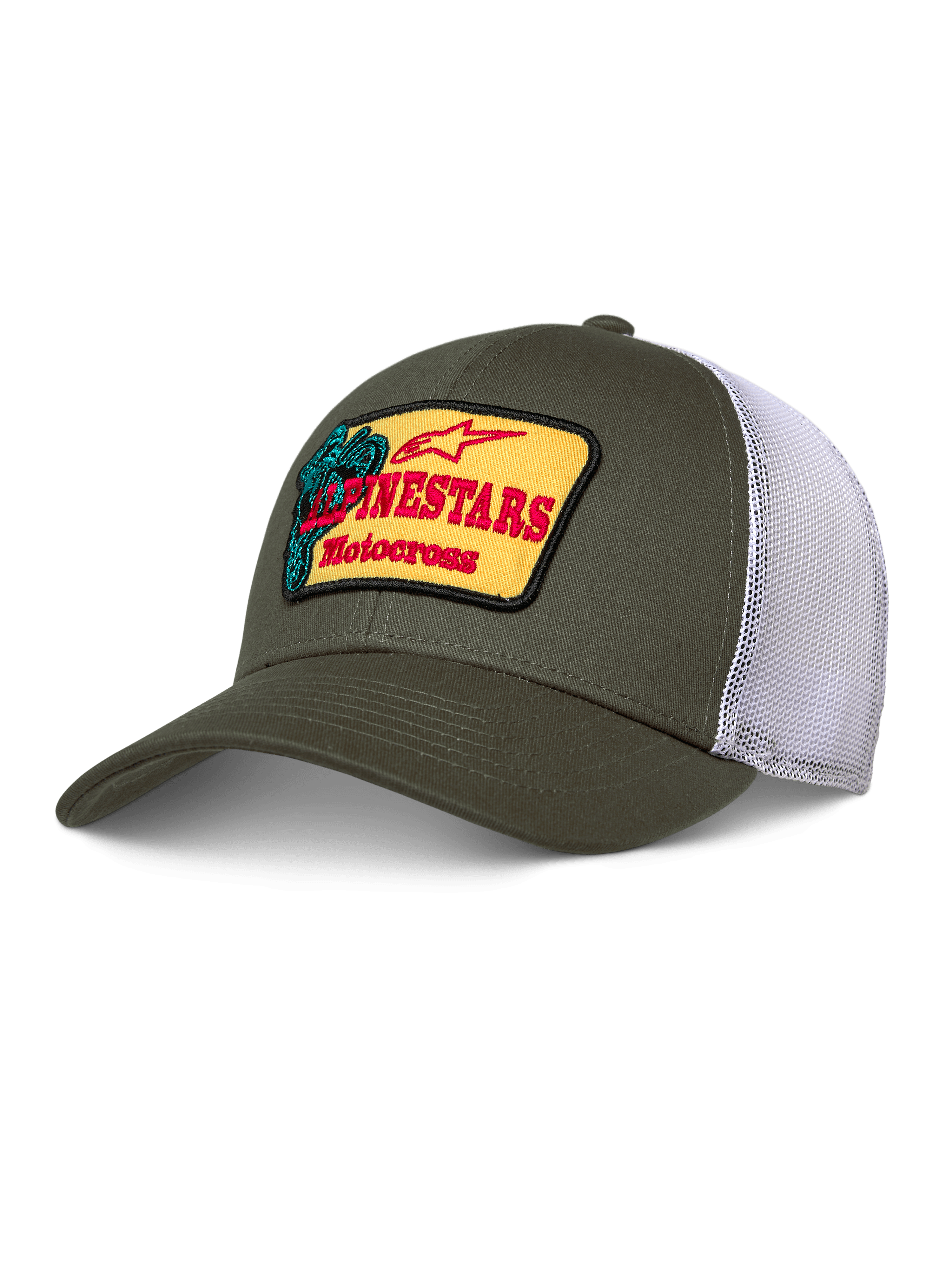 Alpinestars Hardware Trucker Hat, Olive Green and White Mesh, Yellow Patch with Red Alpinestars Motocross Branding, Curved Bill, Structured Crown, Casual Motorsport Sportswear