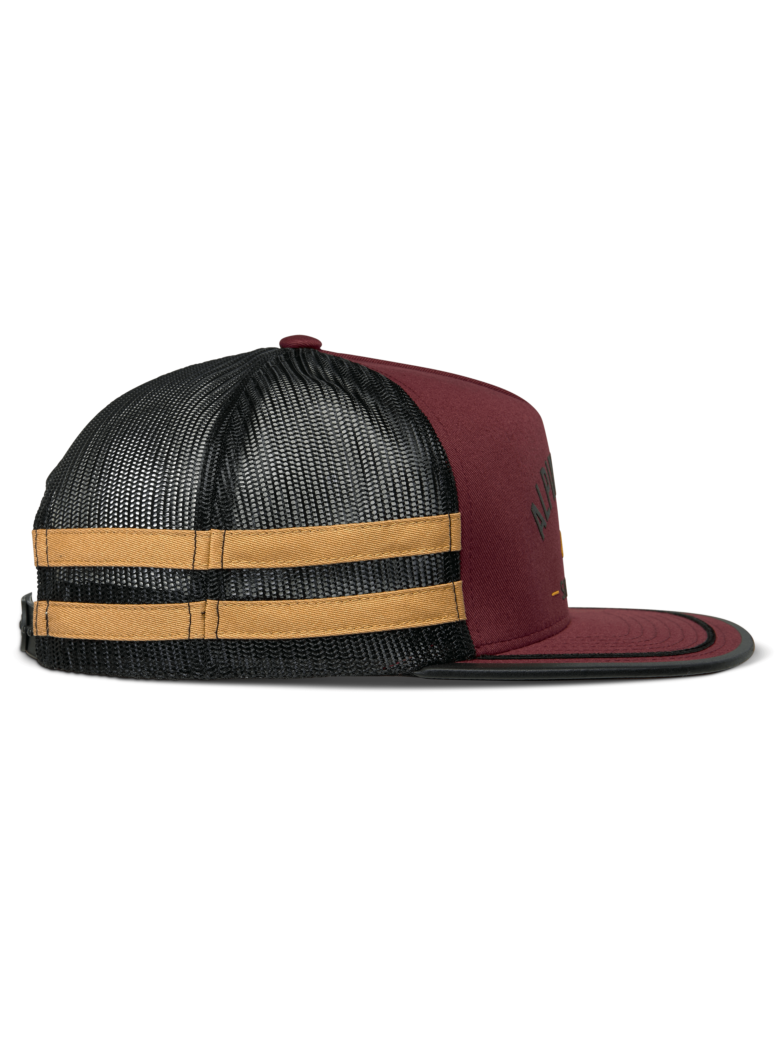 Alpinestars Backline Trucker Hat, Brick Black and Mustard, side profile view, dark red twill front with black mesh back and yellow side stripes, flat bill with black suttache trim, casual motorsport-inspired headwear