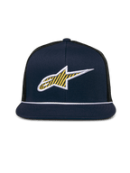 Alpinestars Orion Trucker Hat, Navy Blue and Black, Front 3D Ageless logo with yellow pattern fill and white border, flat bill with white rope trim, structured crown and black mesh back, casual motorsport headwear