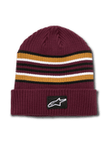 Alpinestars Bolted Cuff Beanie, Maroon Ribbed Knit Winter Hat, Yarn-dyed Horizontal Stripes in Gold Black and White, Folded Cuff with Woven Alpinestars Logo Patch, Casual Sportswear Headwear