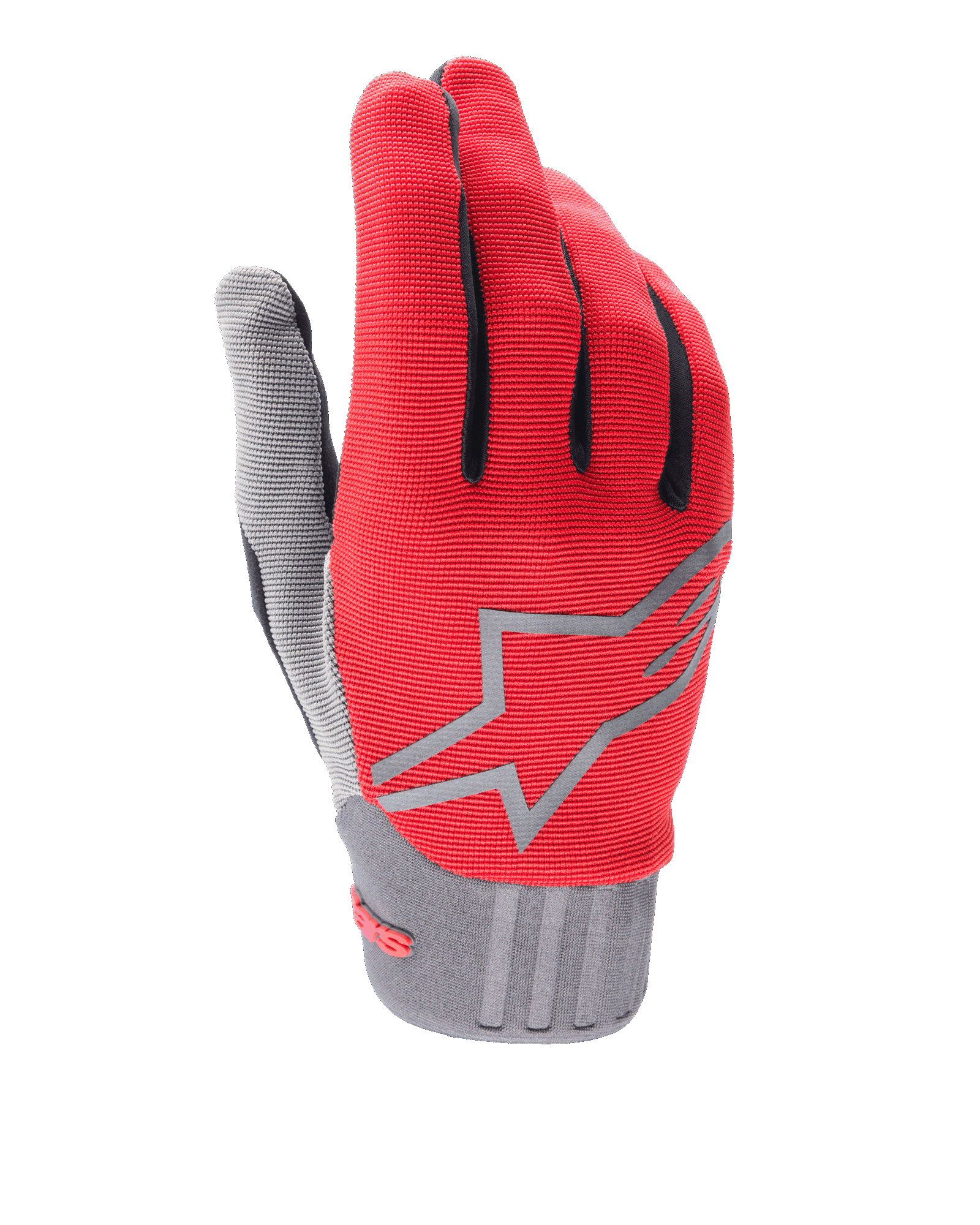 Alpinestars Youth A-Dura Gloves, Red and Gray, Mountain Bike Gloves for Kids, featuring a gray star logo on the back, black finger accents, and a textured gray cuff, lightweight synthetic fabric for off-road cycling