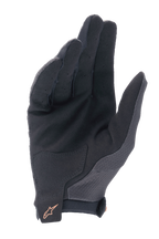 Alpinestars A-Aria Gloves, MTB Cycling Gloves, Black with Dark Gold logo, palm view showing synthetic suede material, perforated fingers for ventilation, and reinforced palm patch.