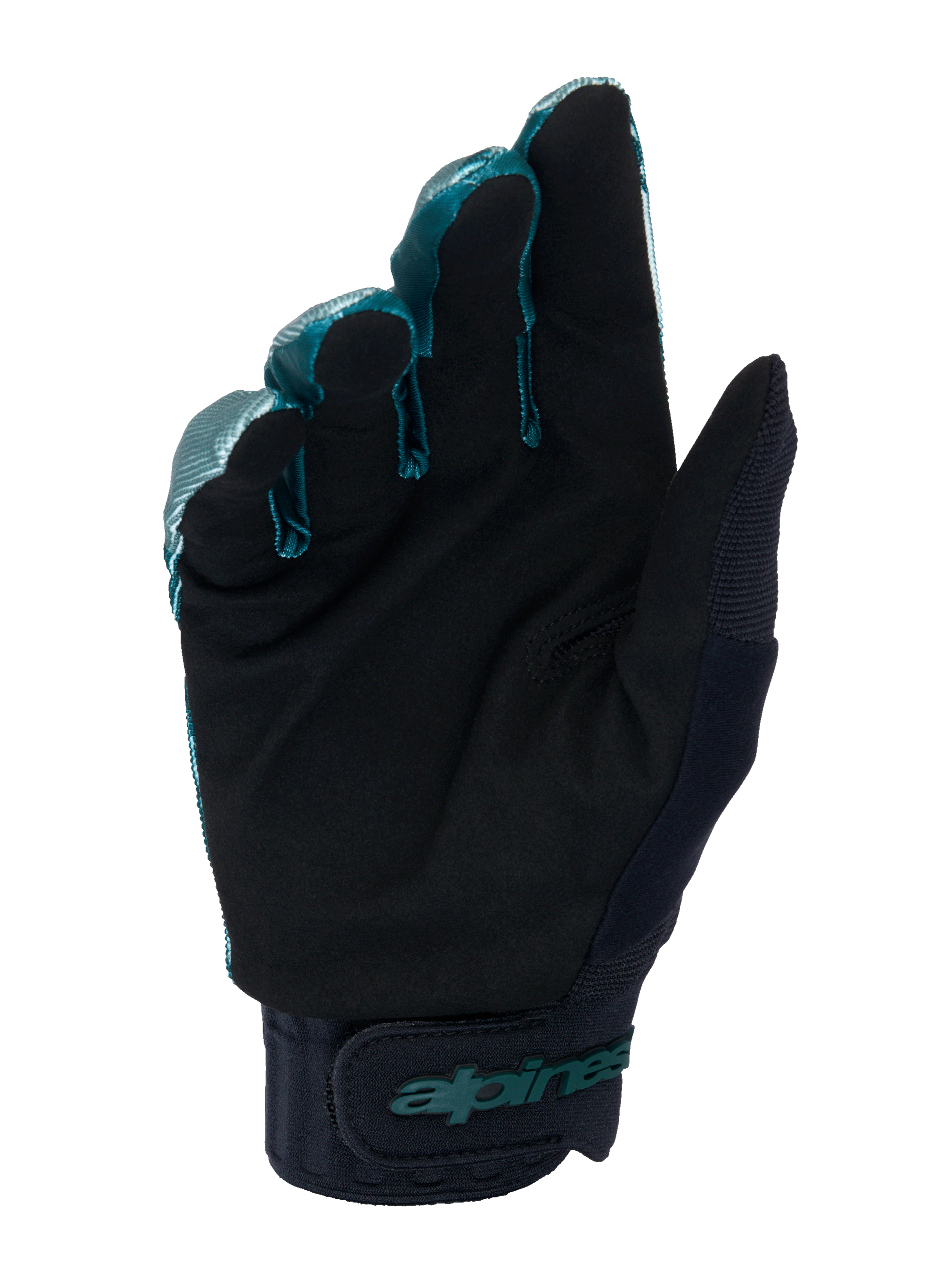 Alpinestars A-Dura Gloves, MTB Cycling Gloves, Green Camo and Black, palm-side view showing black synthetic suede material, neoprene cuff with adjustable hook-and-loop strap, teal Alpinestars branding, professional off-road gear