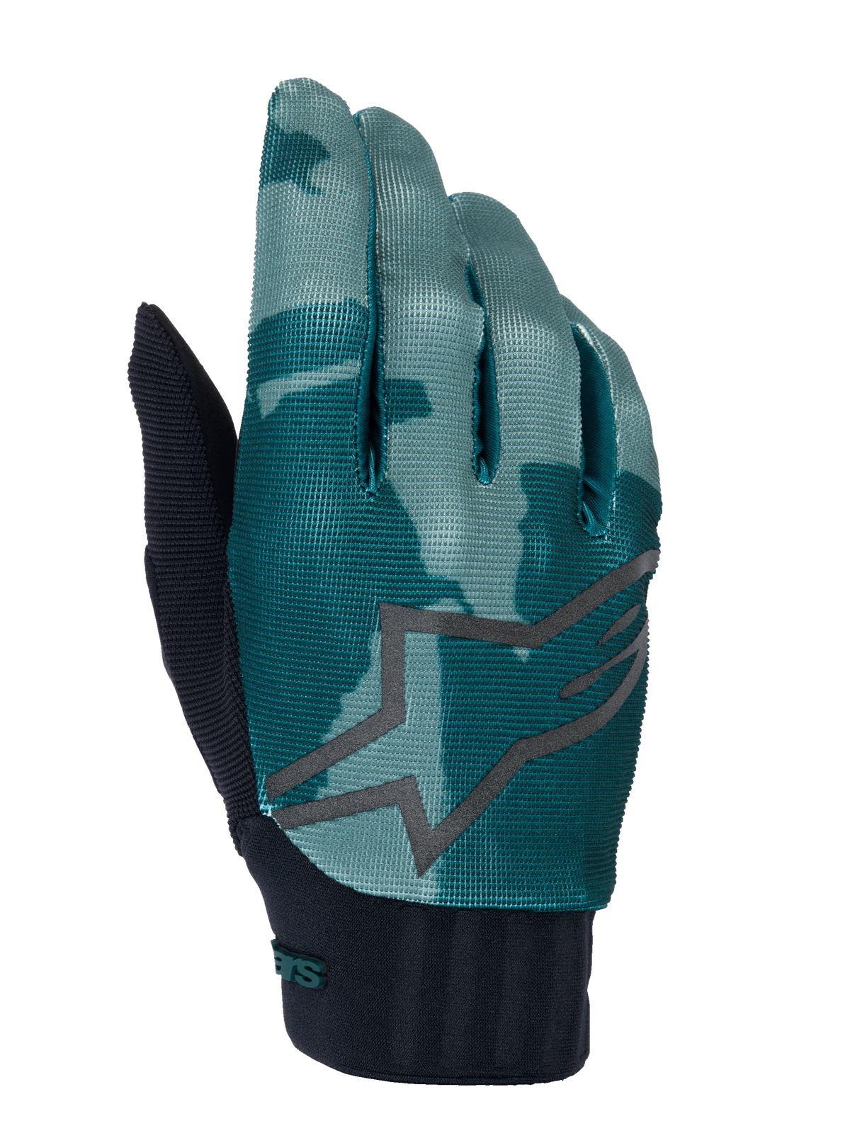 Alpinestars A-Dura Gloves, MTB Mountain Biking Gloves, Green Camo, teal and dark green camouflage pattern with a large grey star logo, black ribbed neoprene cuff, technical gear for off-road cycling
