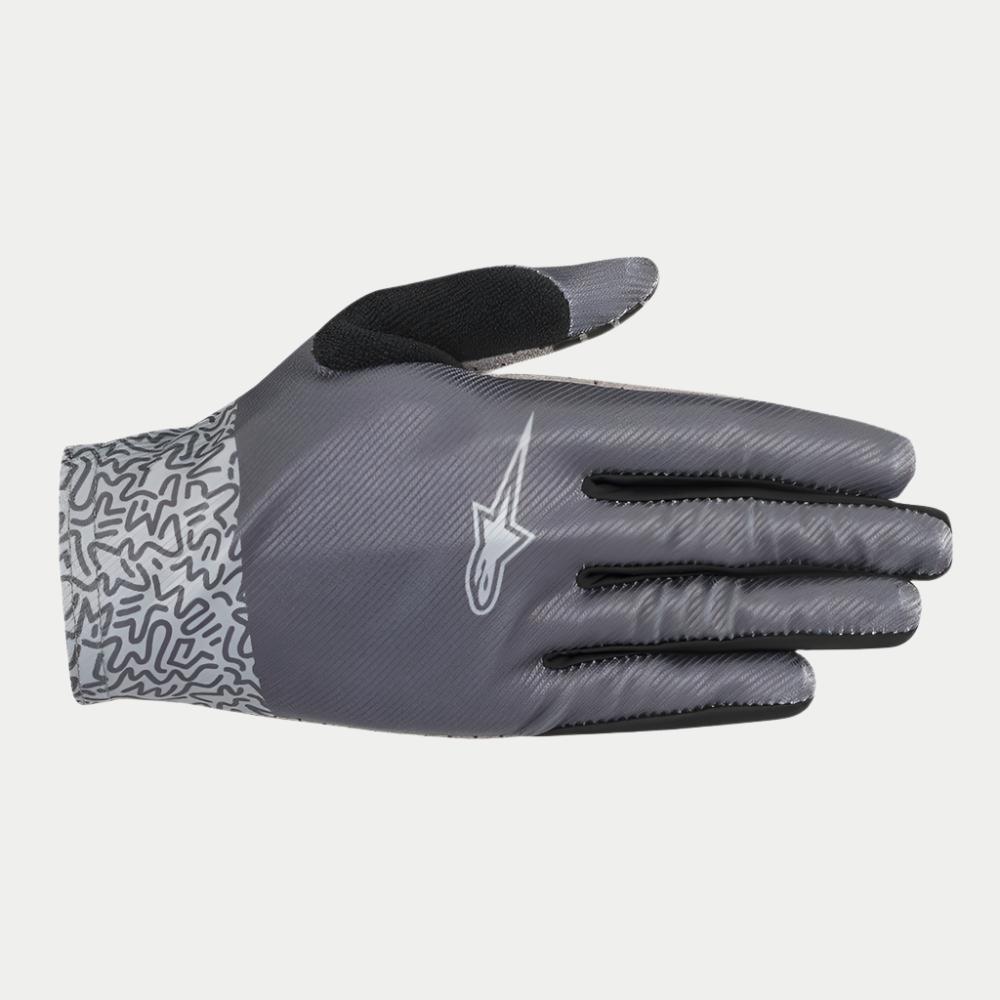 Alpinestars Women Stella Alderex Pro Gloves, MTB Gloves, Anthracite Gray, featuring a diagonal textured backhand with a white Alpinestars logo, black terry cloth thumb patch, and abstract patterned cuff, off-road cycling gear
