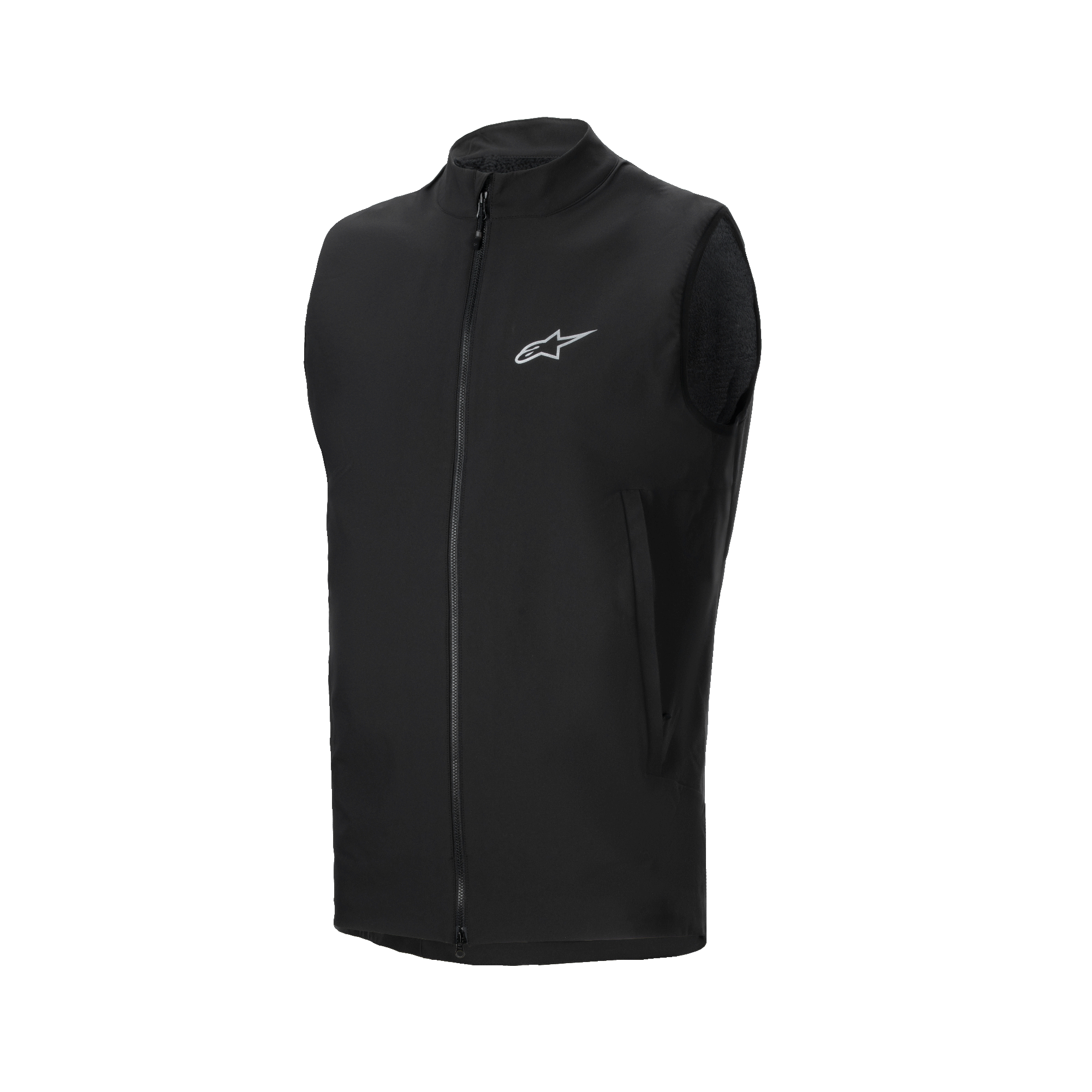 Alpinestars A-Dura Thermal Vest, Black Cycling Vest, featuring a full front zipper and small reflective Alpinestars logo on the chest, zippered side pockets, lightweight insulated design for cold-weather mountain biking