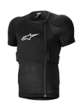 Alpinestars A-Impact Plasma Protection Jacket Short Sleeve, MTB Protection Jacket, Black, featuring padded shoulders and chest armor, offset side zipper, breathable ribbed mesh fabric, and white logo on the chest