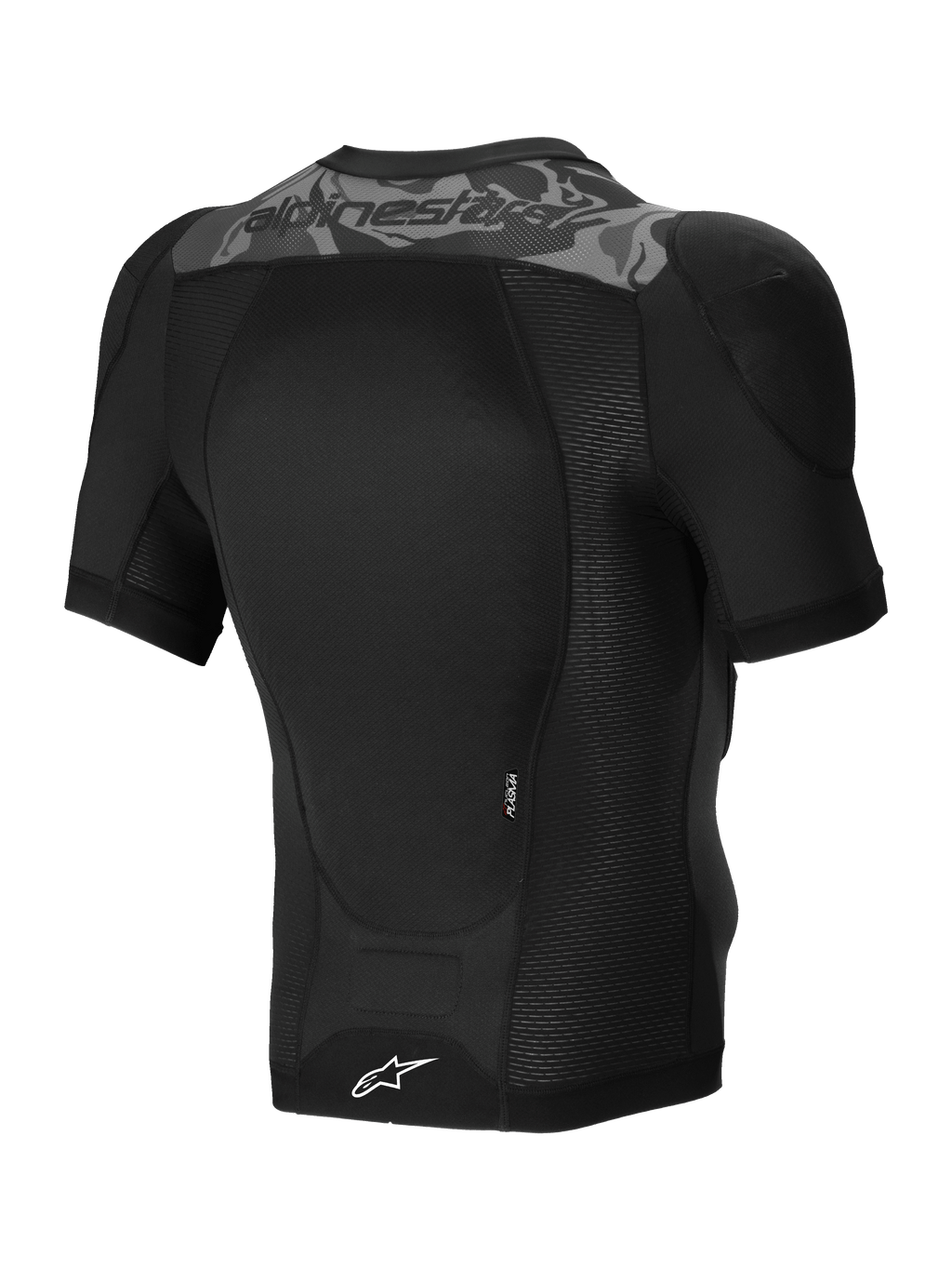 Alpinestars A-Motion Plasma Protection Jacket Short Sleeve, MTB protection jacket in Black Camo, back view showing CE certified Nucleon PLASMA back protector and stretch mesh construction