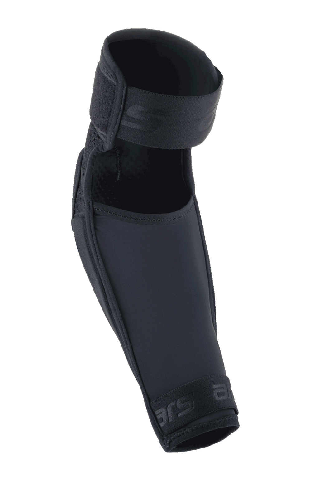 Alpinestars A-Impact Plasma Elite Elbow Protector, Black, featuring dual strap closure, pre-curved ergonomic design, mesh and ripstop textile construction, high-performance protection for mountain bike riding
