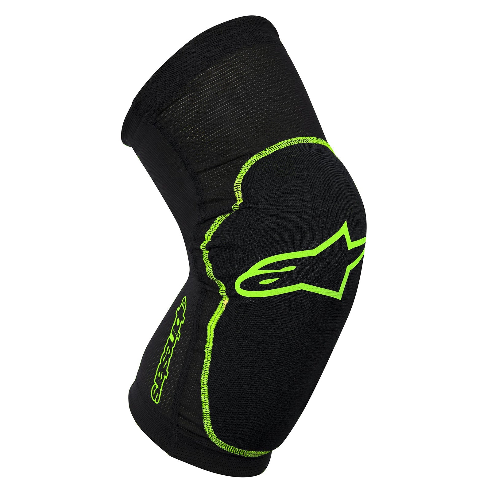 Alpinestars Paragon Knee Guard, MTB Mountain Biking Protection, Black and Green, curved ergonomic design with textured stretchy material for flexible fit and impact protection