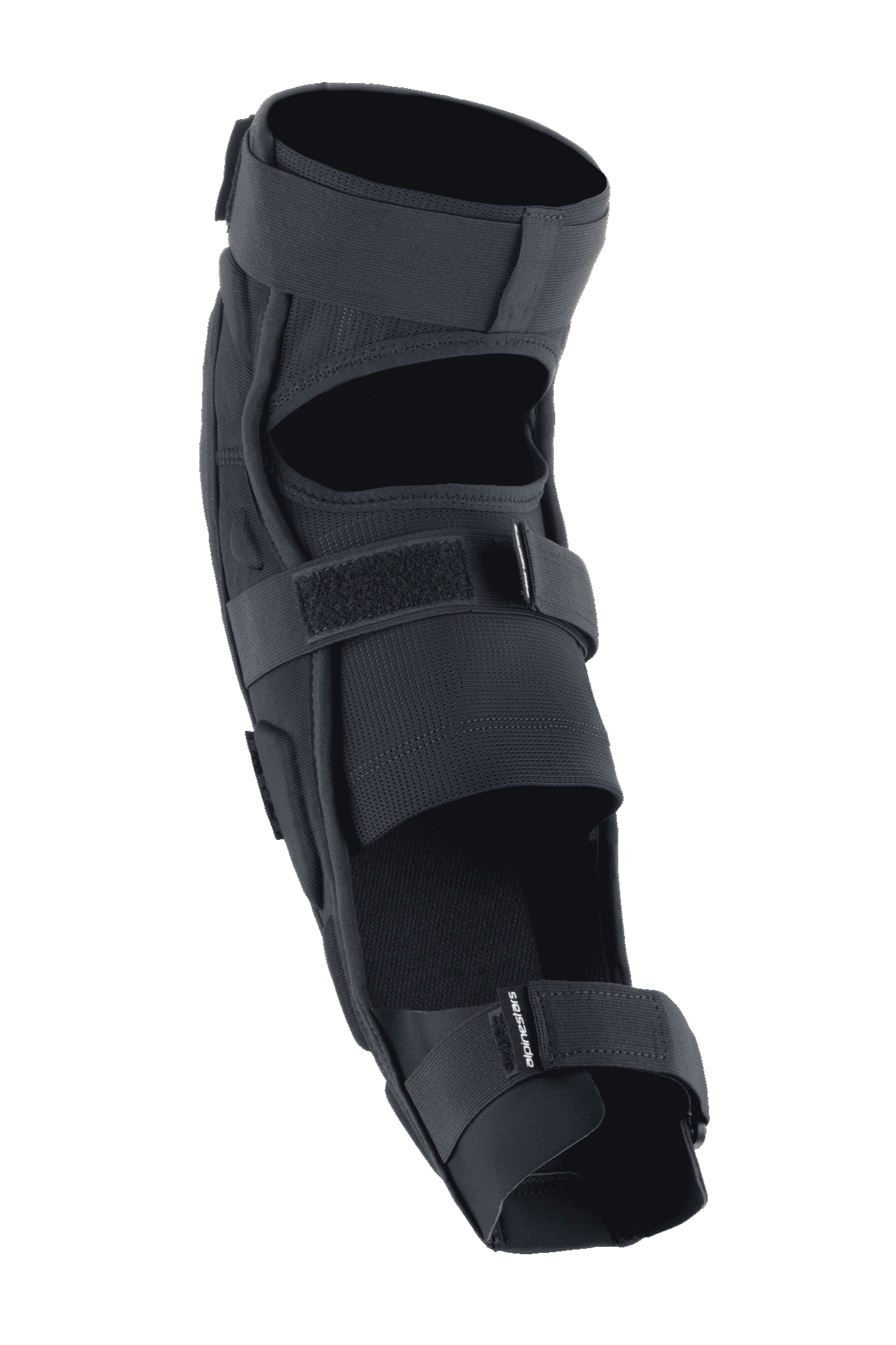 Alpinestars A-Impact Plasma Pro Knee Shin Protector, Black, back view featuring triple strap closure system, breathable mesh panels, and ergonomic pre-curved design for off-road cycling protection