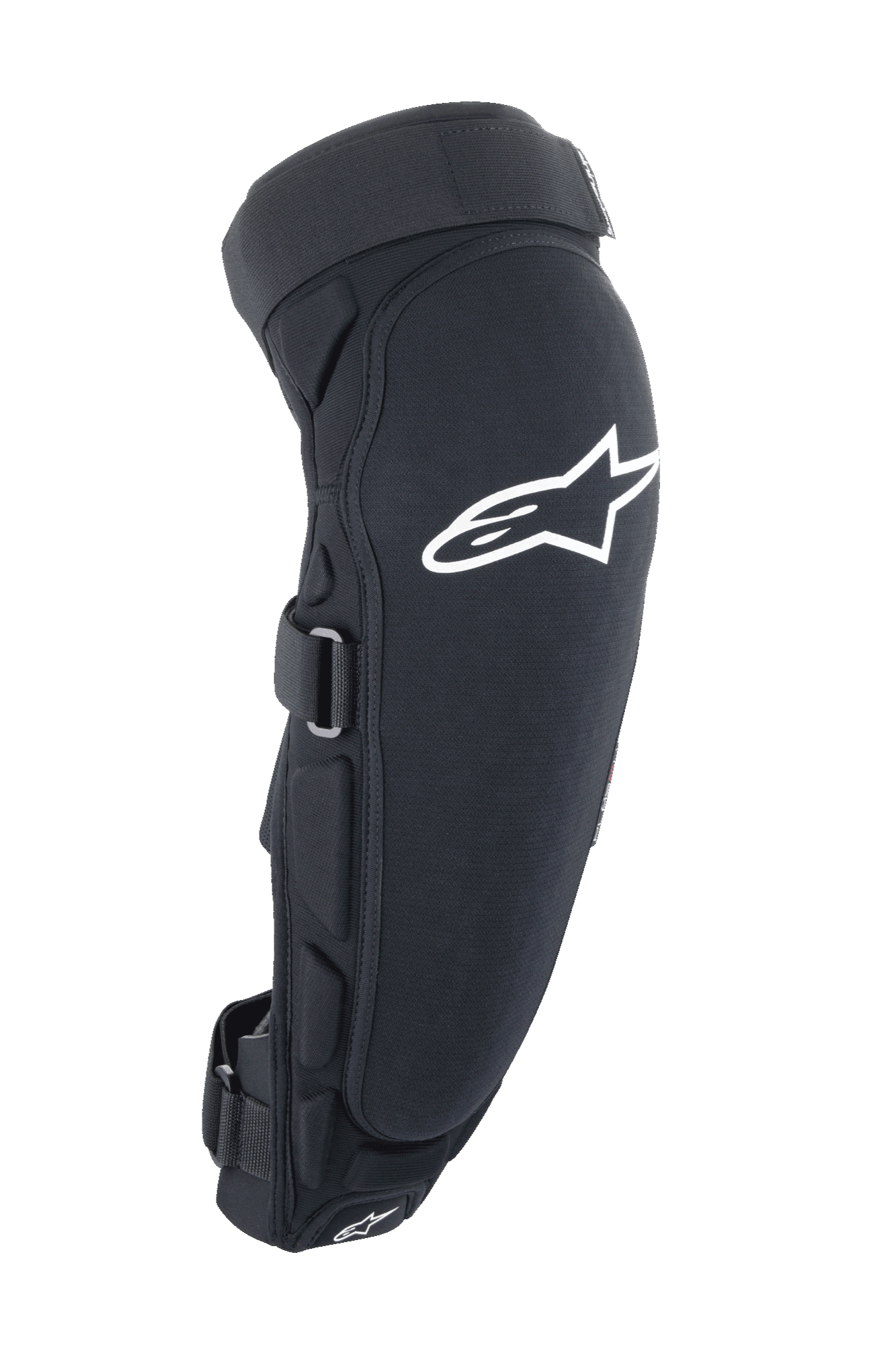 Alpinestars A-Impact Plasma Pro Knee Shin Protector, Black and White, side view featuring large white Astar logo, lateral padding, and secure strap closure system, off-road cycling protection