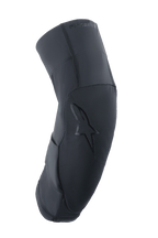 Alpinestars A-Motion Plasma Pro Knee Protector, Black, side profile showing curved ergonomic design, textured front panel with tonal star logo, breathable stretch mesh and ripstop fabrics, lightweight protection for MTB and trail riding