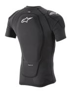 Alpinestars Paragon Lite Protection Jacket - Short Sleeve, Black, rear three-quarter view showing integrated back protector and breathable stretch mesh construction, featuring white Alpinestars logo on the back and shoulder, lightweight mountain bike protection gear