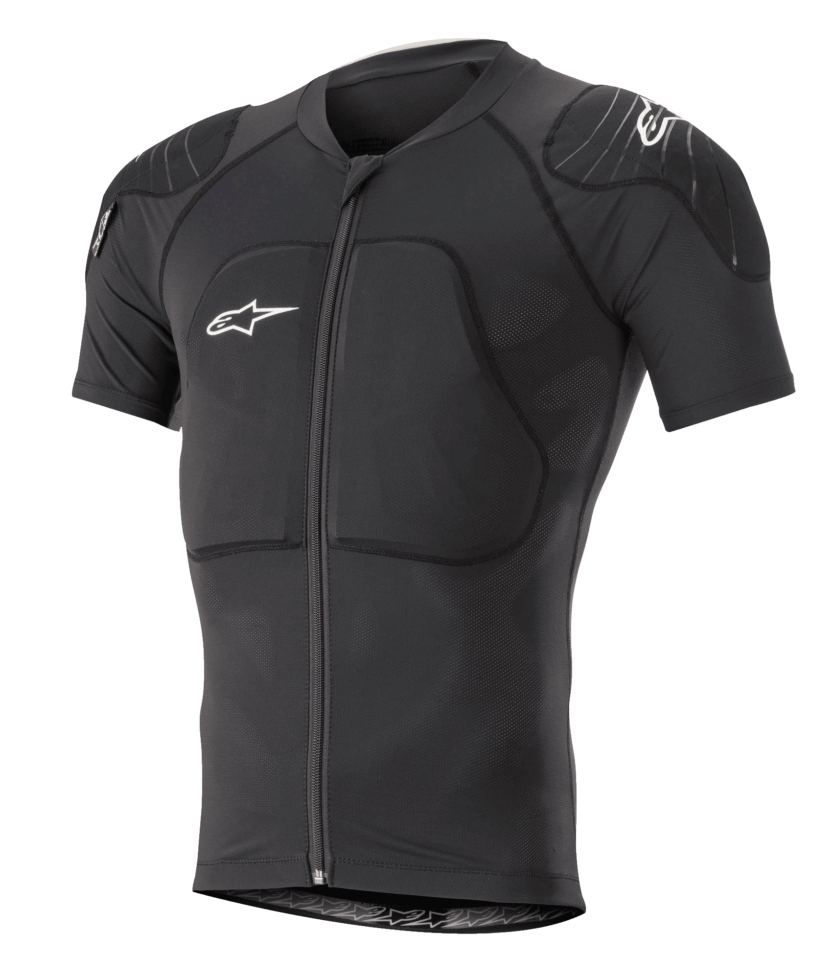 Alpinestars Paragon Lite Protection Jacket Short Sleeve, Black, MTB mountain bike body armor featuring integrated shoulder and chest padding, front zipper, breathable mesh fabric, white Alpinestars logos, fitted design for trail riding