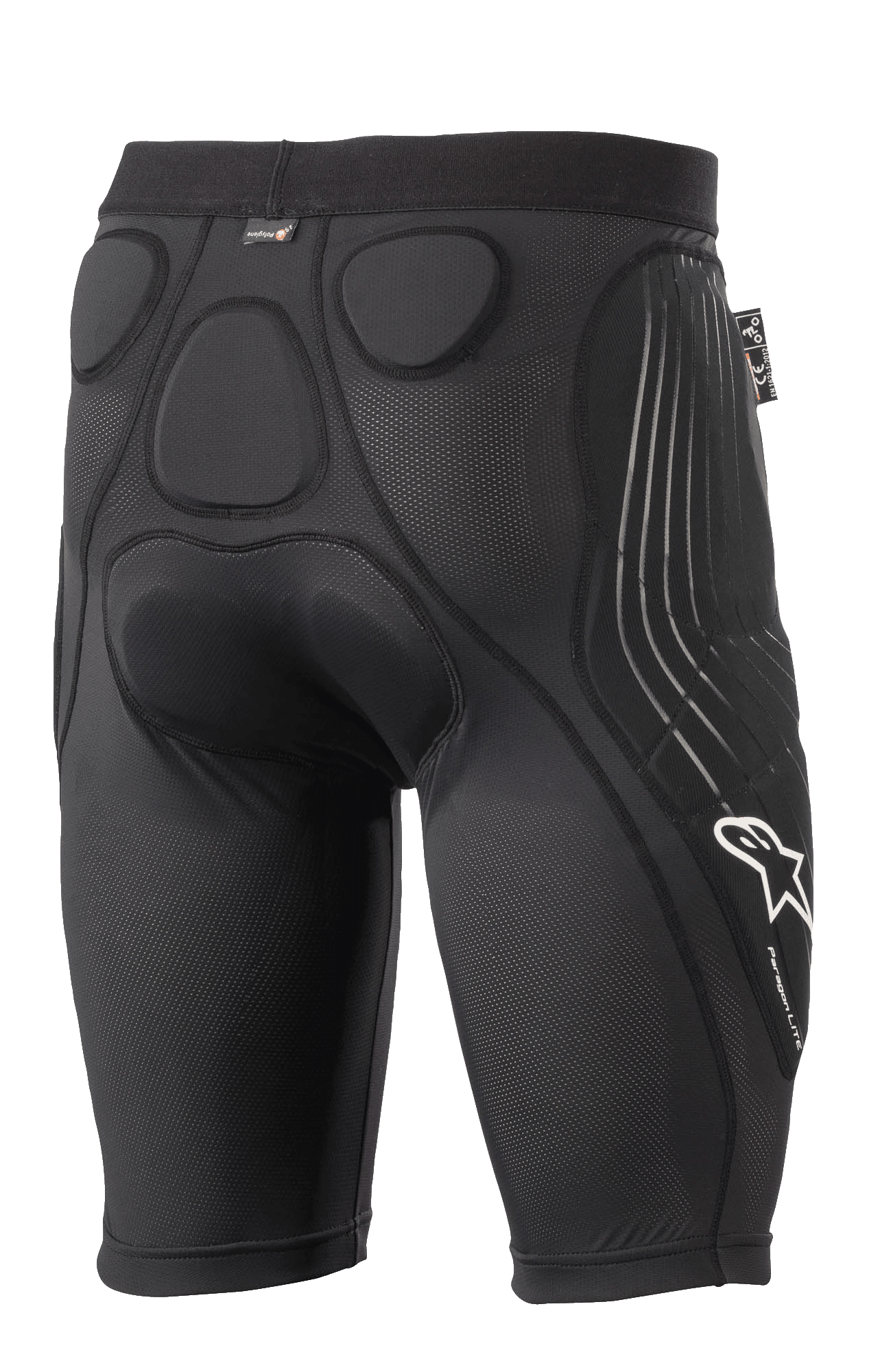 Alpinestars Paragon Lite Protection Shorts, Black, rear view featuring integrated memory foam padding for hip and coccyx protection, breathable mesh sleeve design, white Alpinestars logo and Paragon Lite branding on the leg, lightweight cycling protective gear