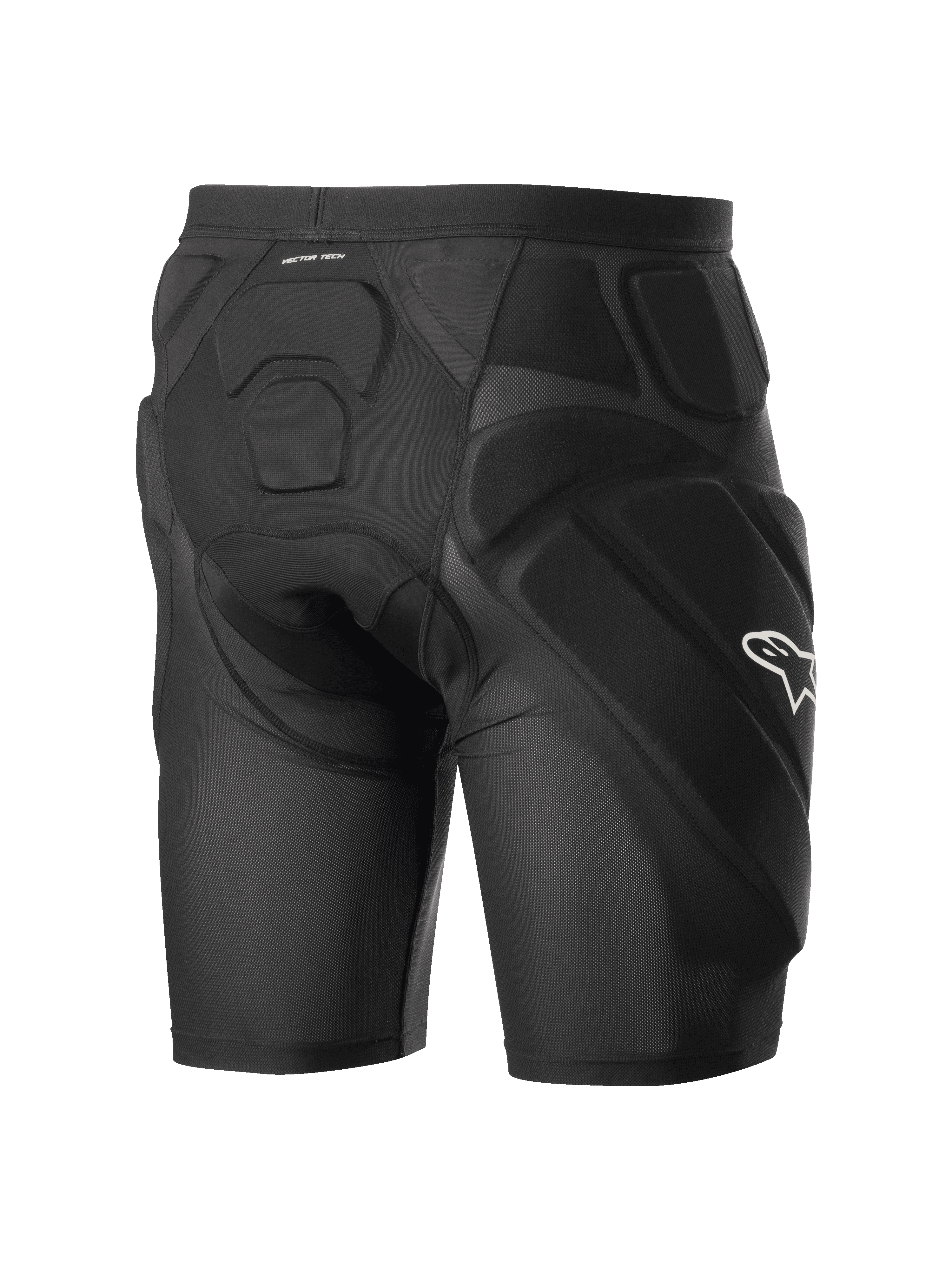 Alpinestars Vector Tech Shorts, Black cycling protection shorts, featuring integrated EVA memory foam padding on the hips and back, breathable stretch mesh construction with a white Alpinestars logo on the side.