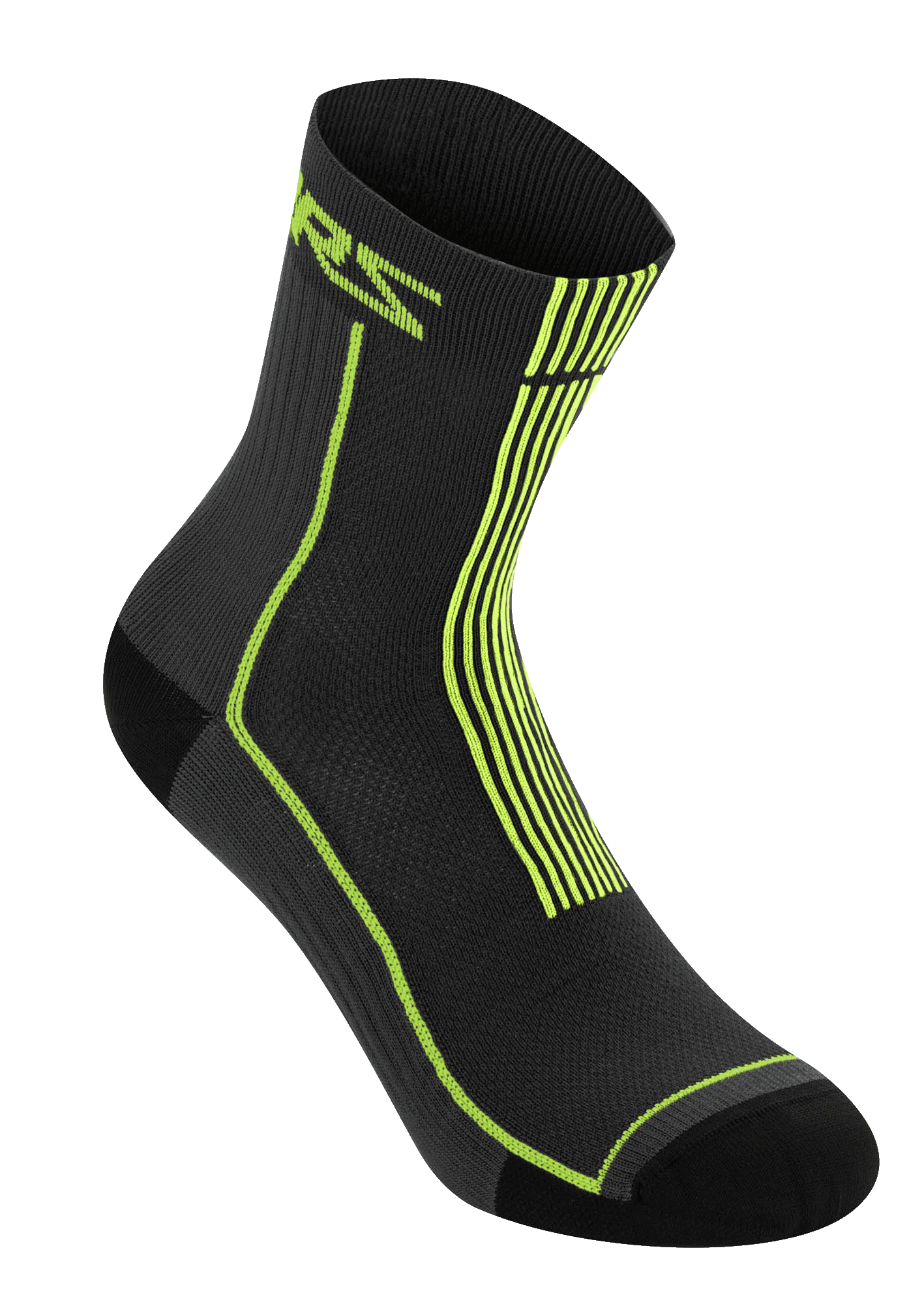 Alpinestars Summer Socks 15, Black and Acid Yellow, lightweight ribbed cycling socks, featuring neon yellow ASTARS branding and vertical stripes on the heel, breathable mesh construction for hot weather MTB riding