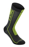 Alpinestars Summer Socks, Cycling Socks, Black and Acid Yellow, featuring neon yellow vertical stripes and ASTARS branding, breathable mesh construction with ribbed top cuff, reinforced toe and heel, lightweight performance gear for mountain biking.