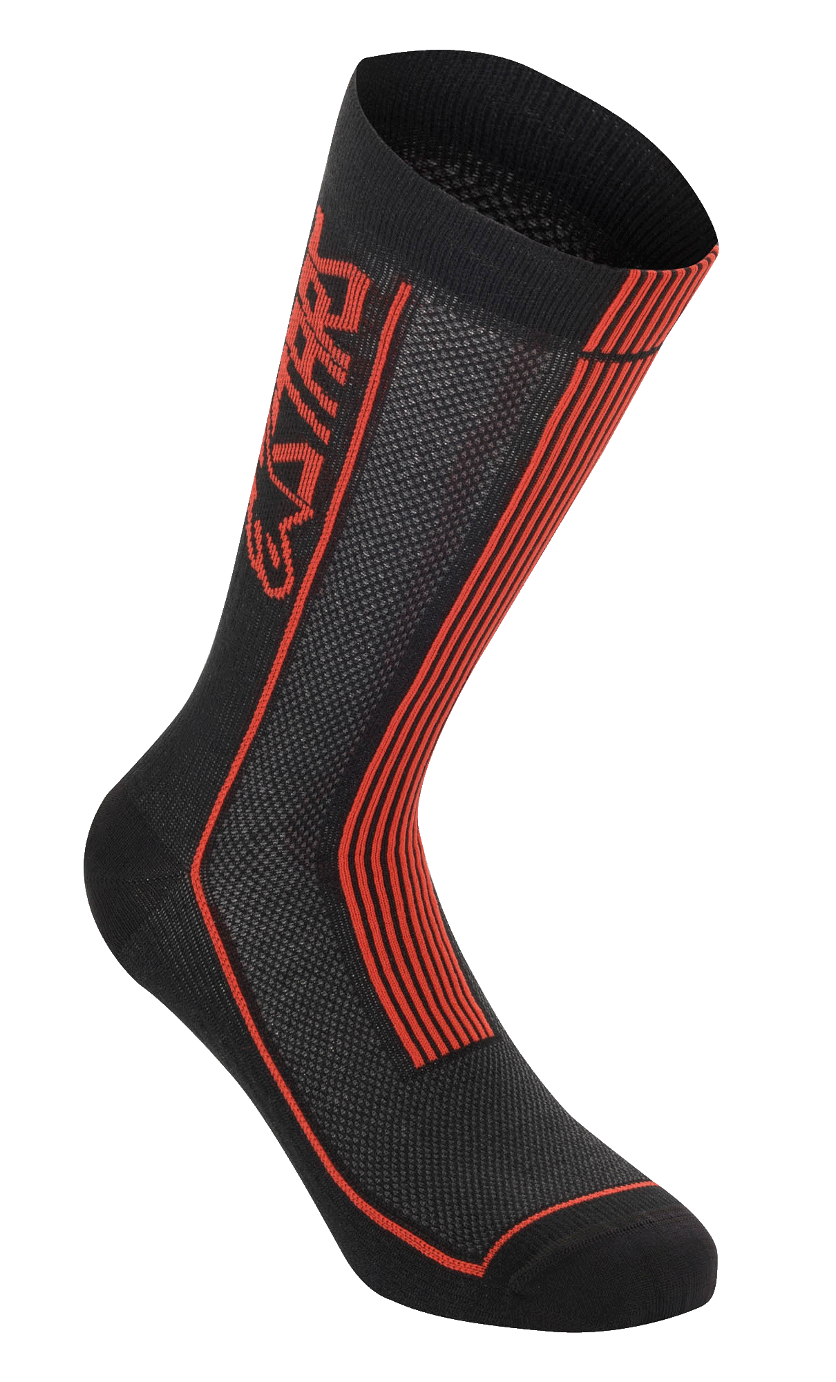 Alpinestars Summer Socks, Cycling Socks, Black and Bright Red, vertical Astars logo and red stripes, knitted mesh texture for airflow, rib construction for stretch, performance footwear for hot weather riding