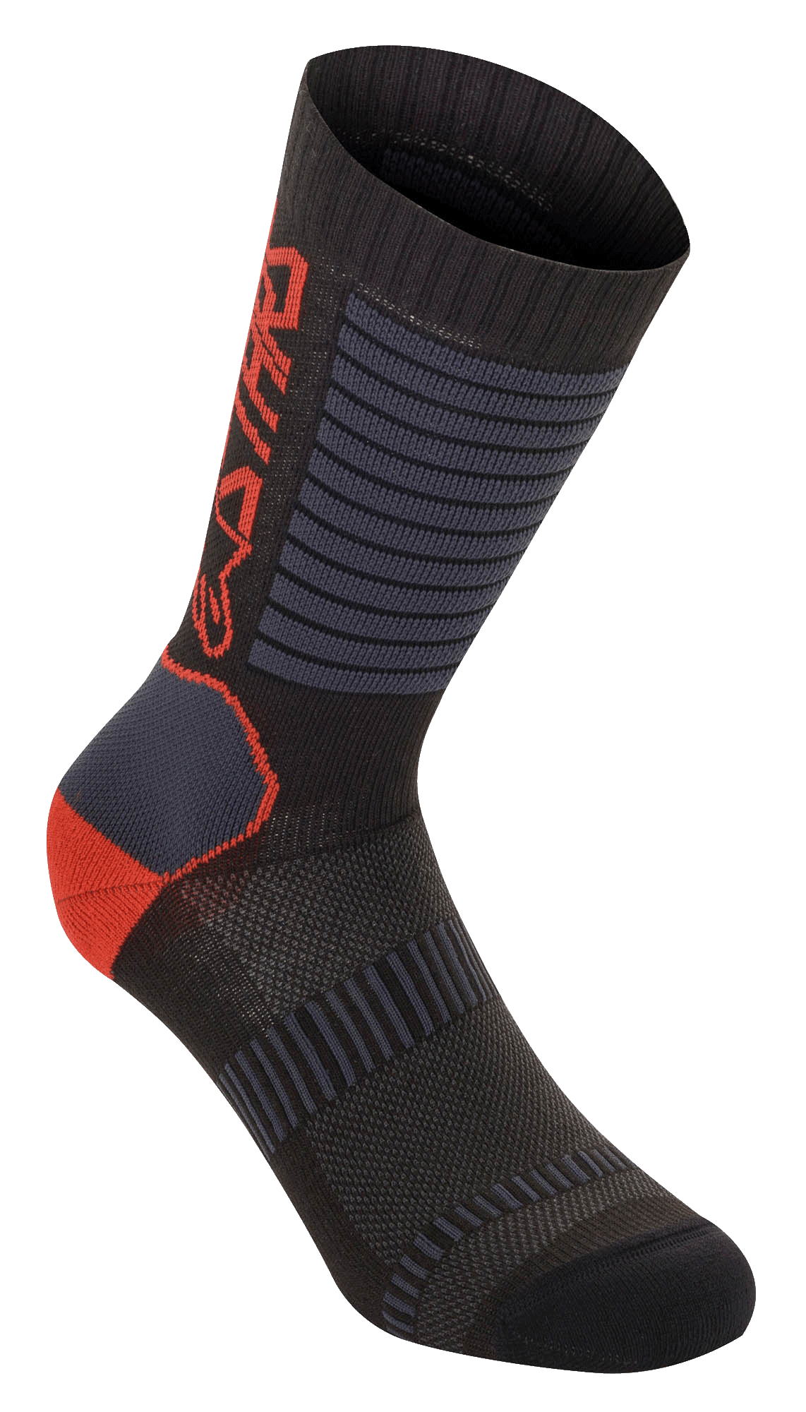 Alpinestars Paragon Lite Socks 19, Technical Cycling Socks, Black with Bright Red and Gray accents, 19cm mid-calf length, featuring breathable mesh panels, ribbed texture for stretch, and reinforced heel