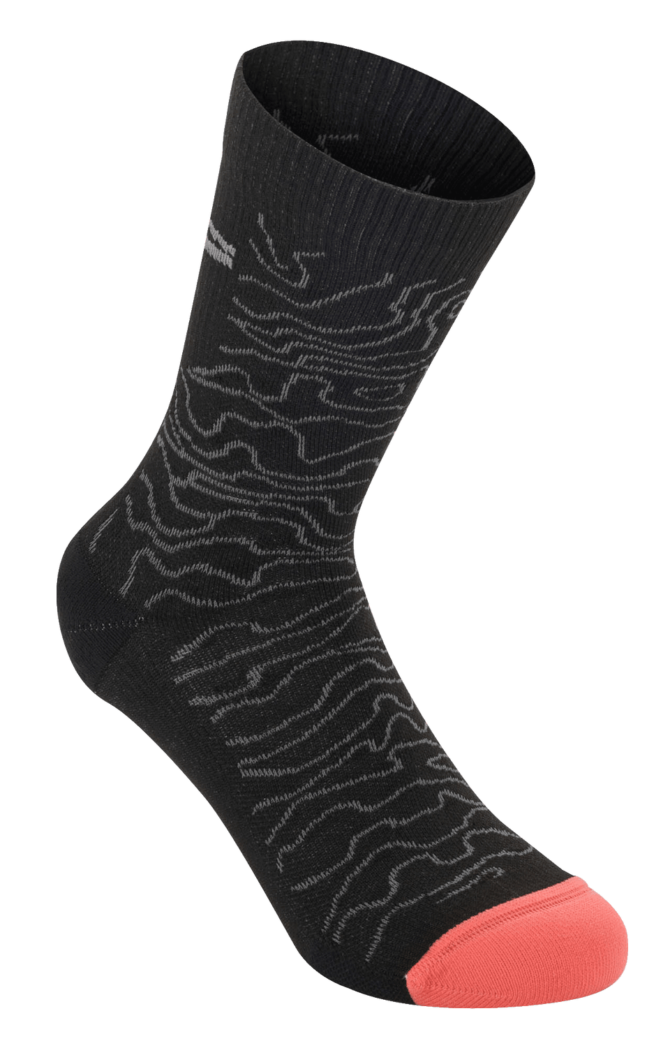 Alpinestars Drop Socks 15, Performance Cycling Socks, Black and Mid Gray with Coral Orange toe, featuring a topographic wavy pattern and ribbed cuff, lightweight mesh design for MTB and off-road riding