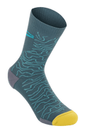 Alpinestars Drop Socks 15, Mountain Bike Socks, Atlantic Ceramic blue with light blue topographic pattern, bright yellow toe and gray heel, ribbed texture, lightweight performance MTB socks