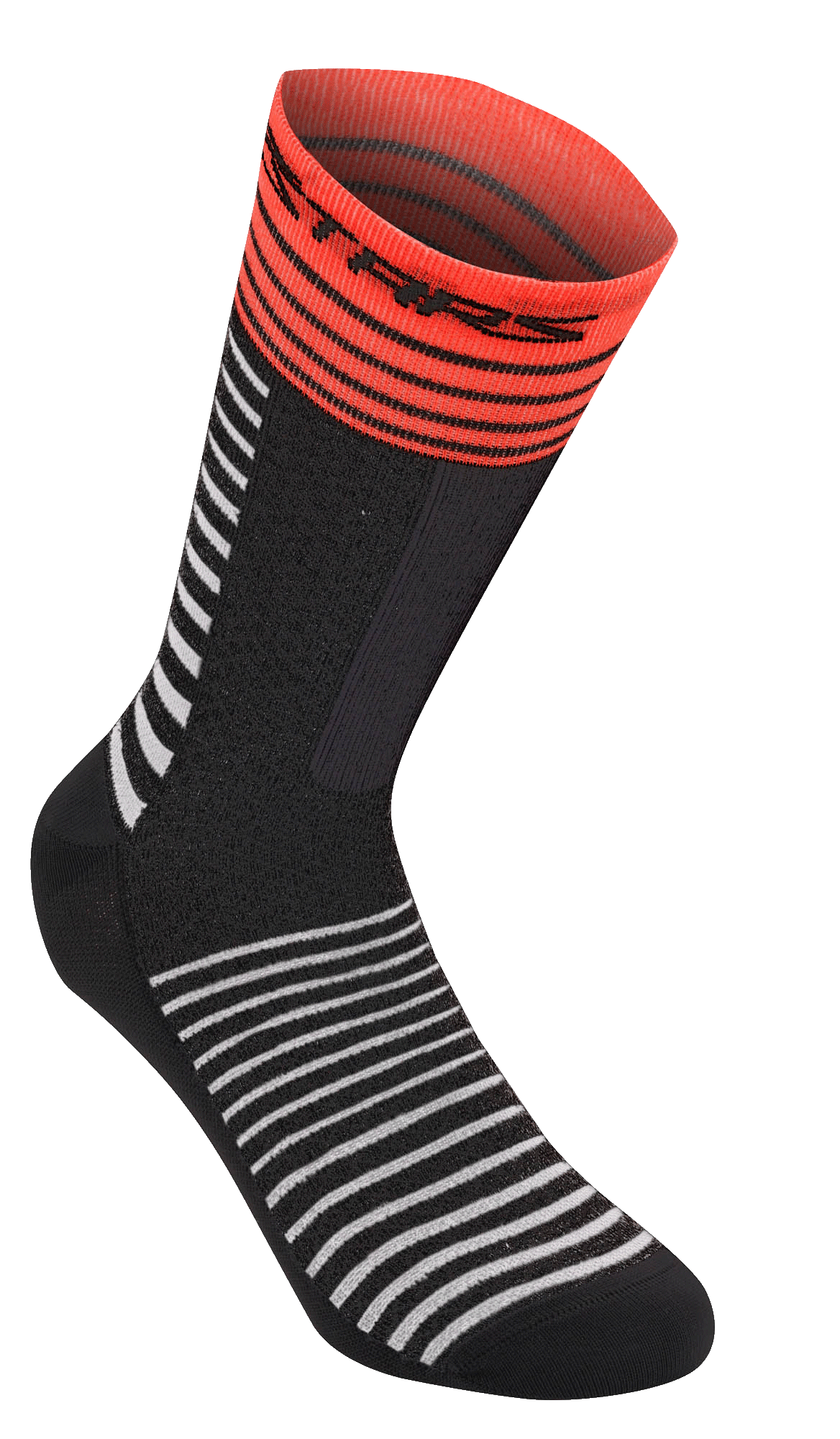 Alpinestars Drop Socks 19, MTB Cycling Socks, Black with White Horizontal Stripes, Bright Red Ribbed Cuff with Black Logo, Lightweight Mesh Construction, 19cm Length