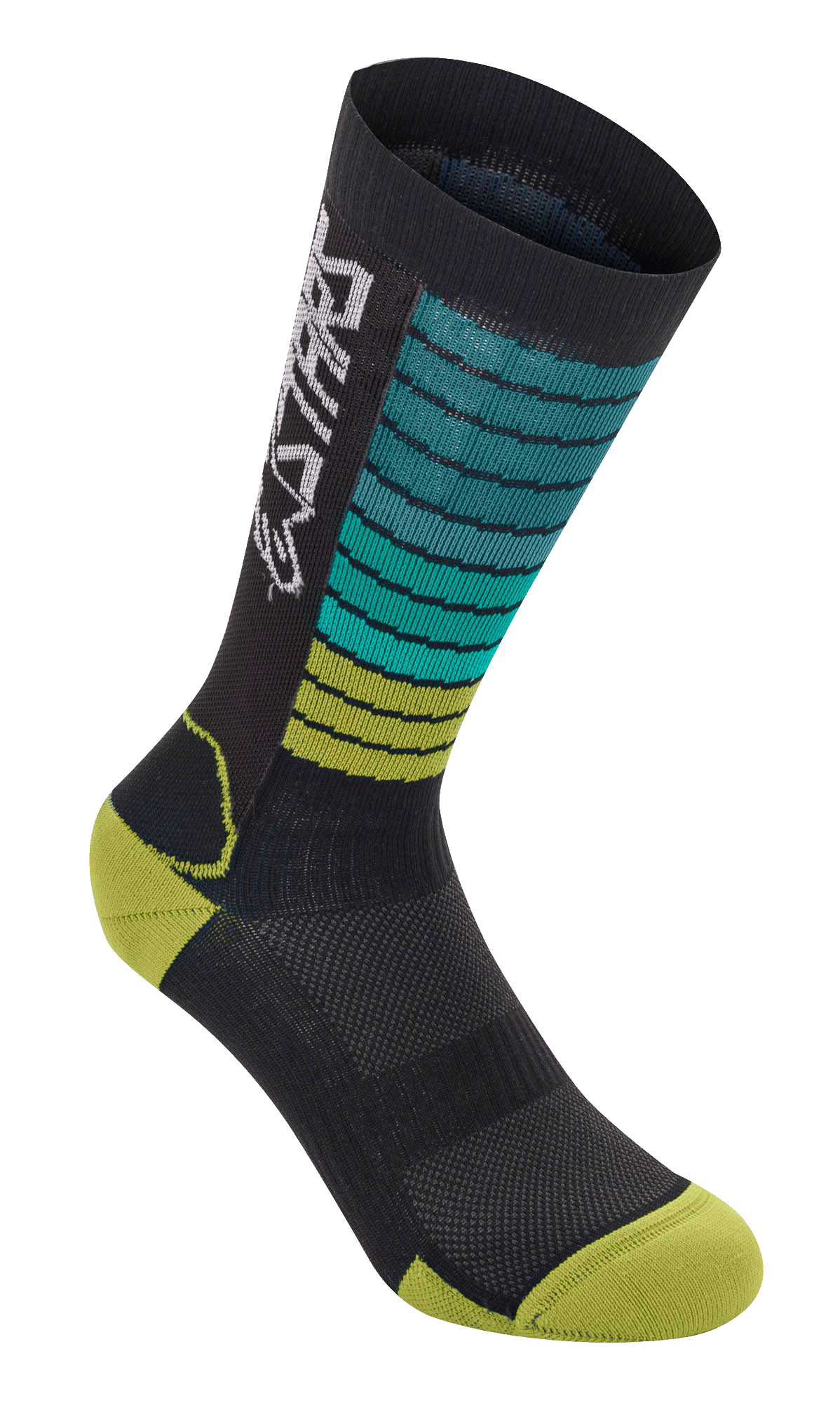 Alpinestars Drop Socks, Mountain Bike MTB Cycling Socks, Black with Teal and Lime Green Gradient Stripes, Yellow-Green Toe and Heel, featuring white Astars branding and breathable mesh texture