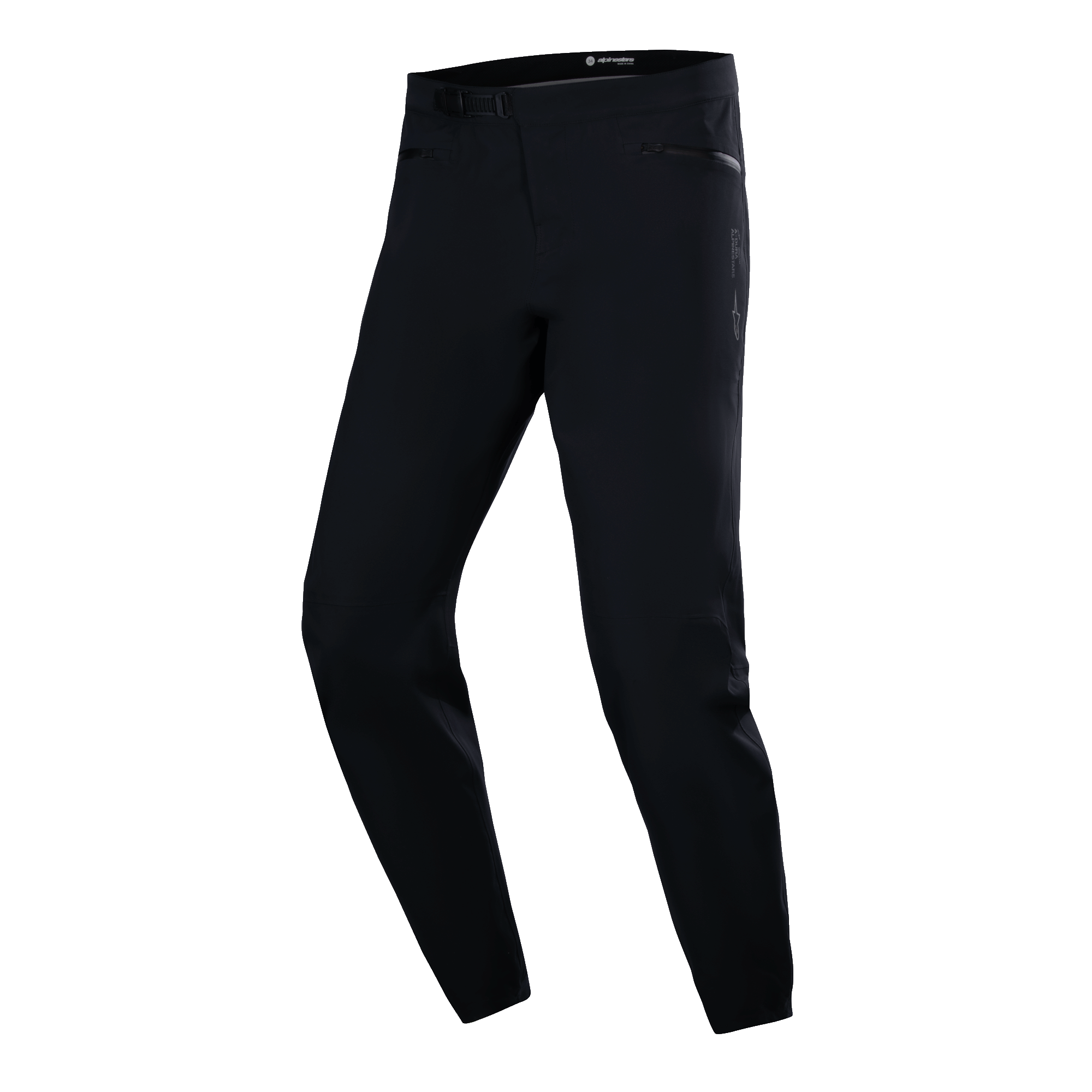 Alpinestars A-Dura Waterproof Pants, MTB Cycling Pants, Black, technical slim-fit design with side zippered pockets and ratchet waist buckle, smooth waterproof fabric, minimalist performance gear for mountain biking