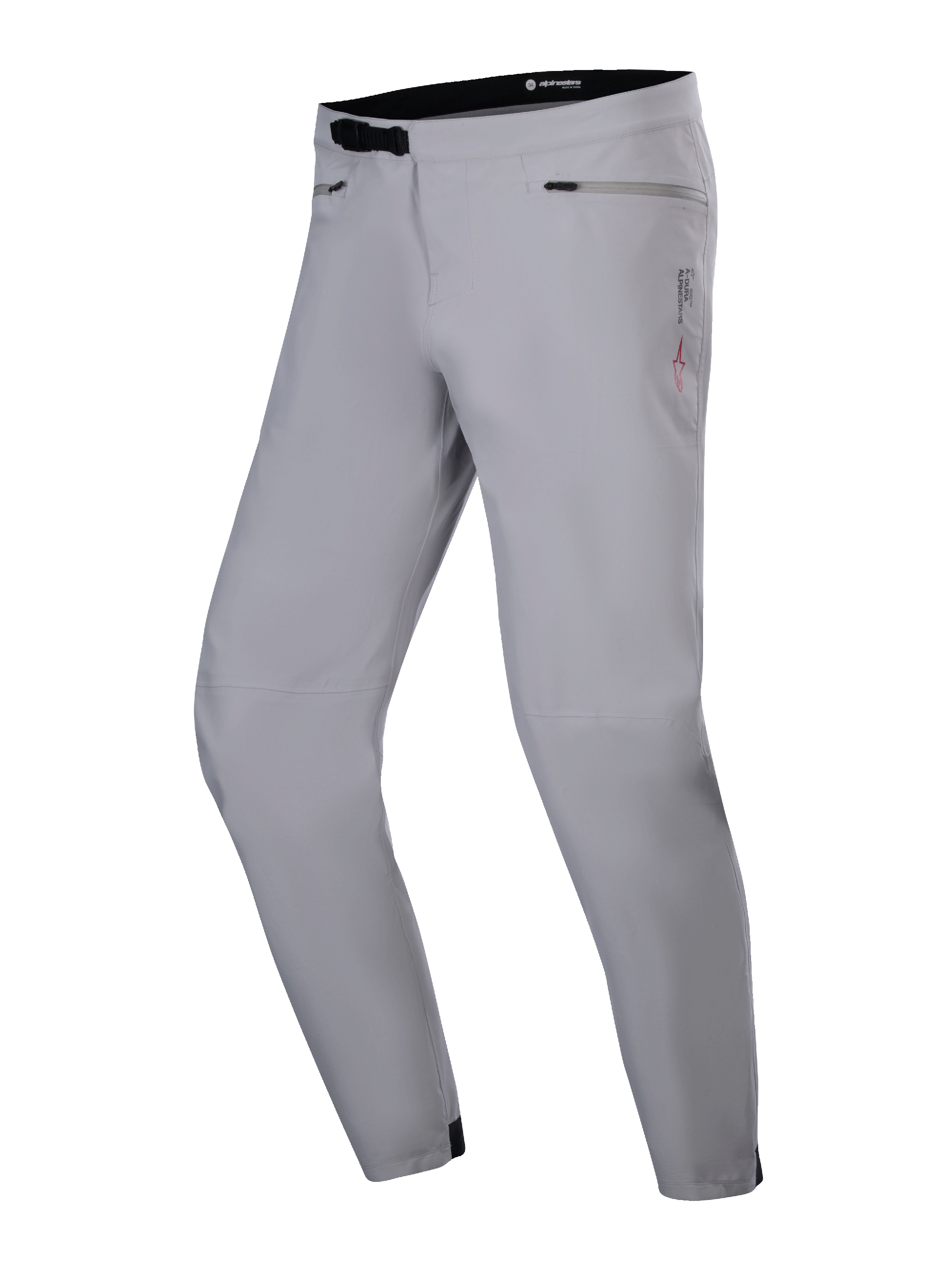 Alpinestars A-Dura Waterproof Pants, MTB Pants, Titanium gray, featuring a black ratchet waist closure, zippered hip pockets, and tapered leg, durable waterproof design for mountain biking.