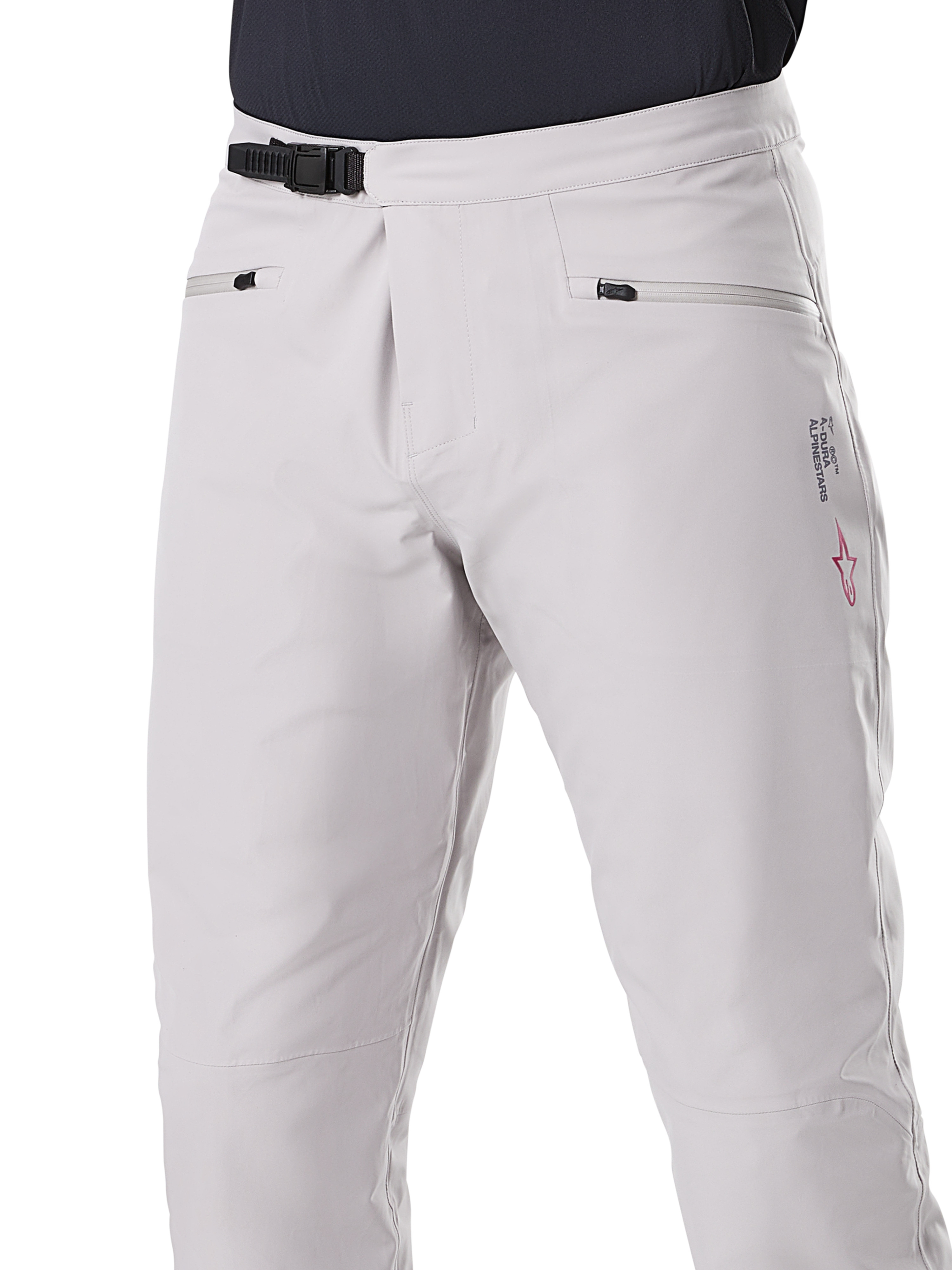 Alpinestars A-Dura Waterproof Pants, MTB Pants, Titanium gray, front view showing black ratchet waist closure and zippered hand pockets, durable waterproof construction for mountain biking