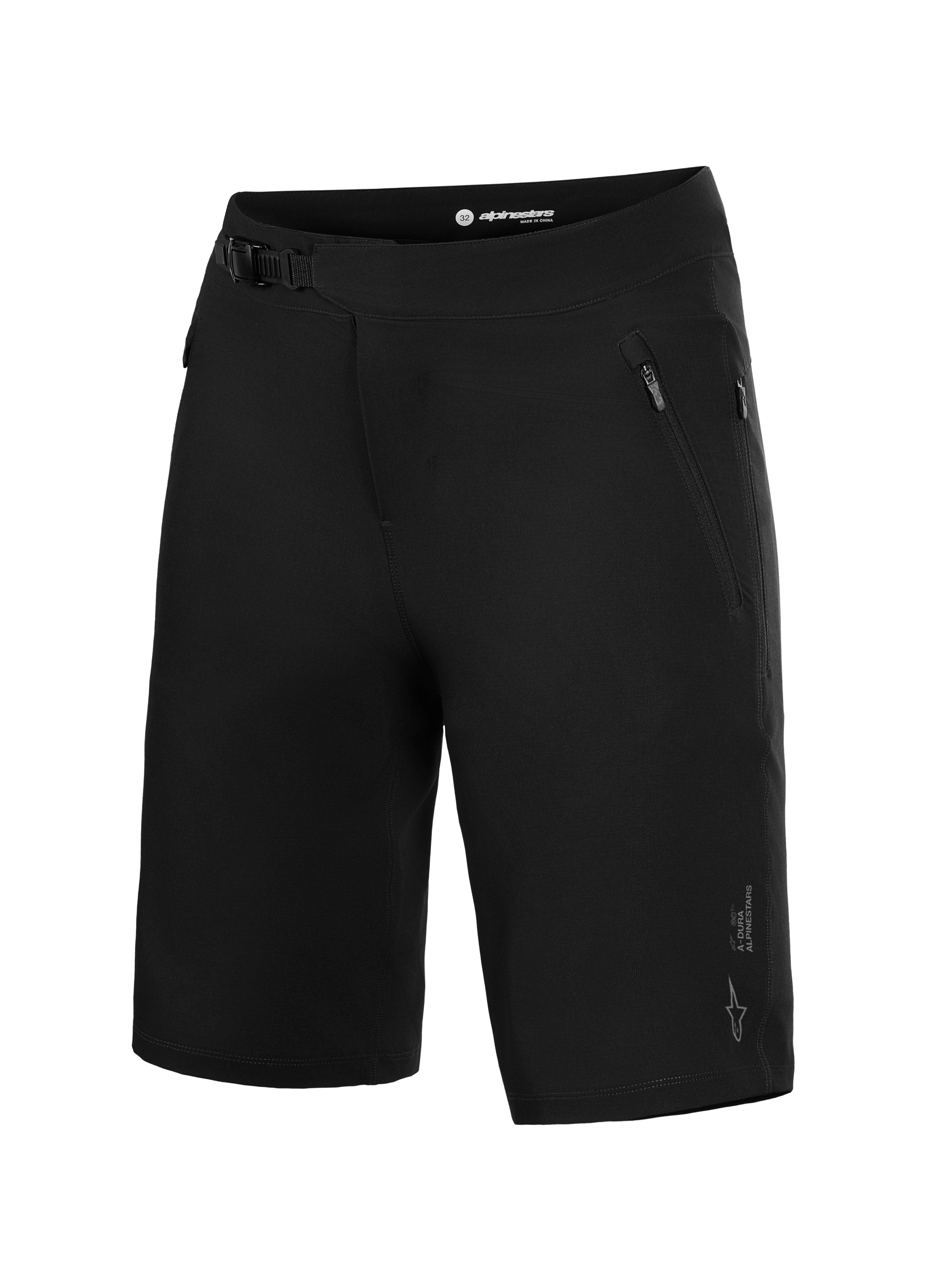 Black Alpinestars A-Dura Ride MTB Shorts, featuring a ratchet waist closure and zippered pockets for trail performance.