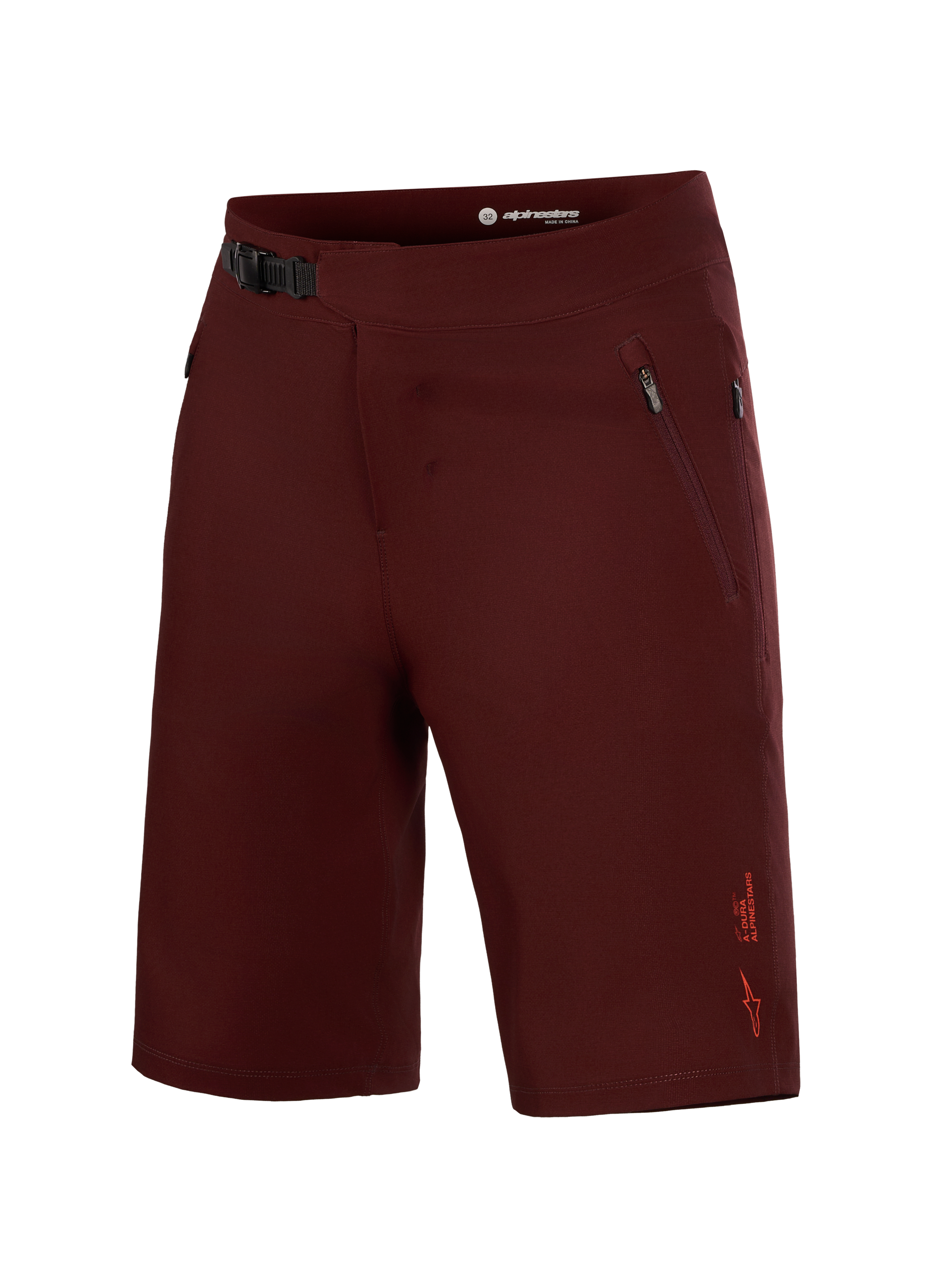 Alpinestars A-Dura Ride Shorts, Bordeaux MTB cycling shorts with a secure ratchet closure and durable performance fabric.