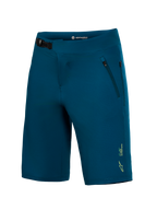 A-Dura Ride Shorts in blue-green, featuring a ratchet waist closure and zippered pockets for durable MTB performance.