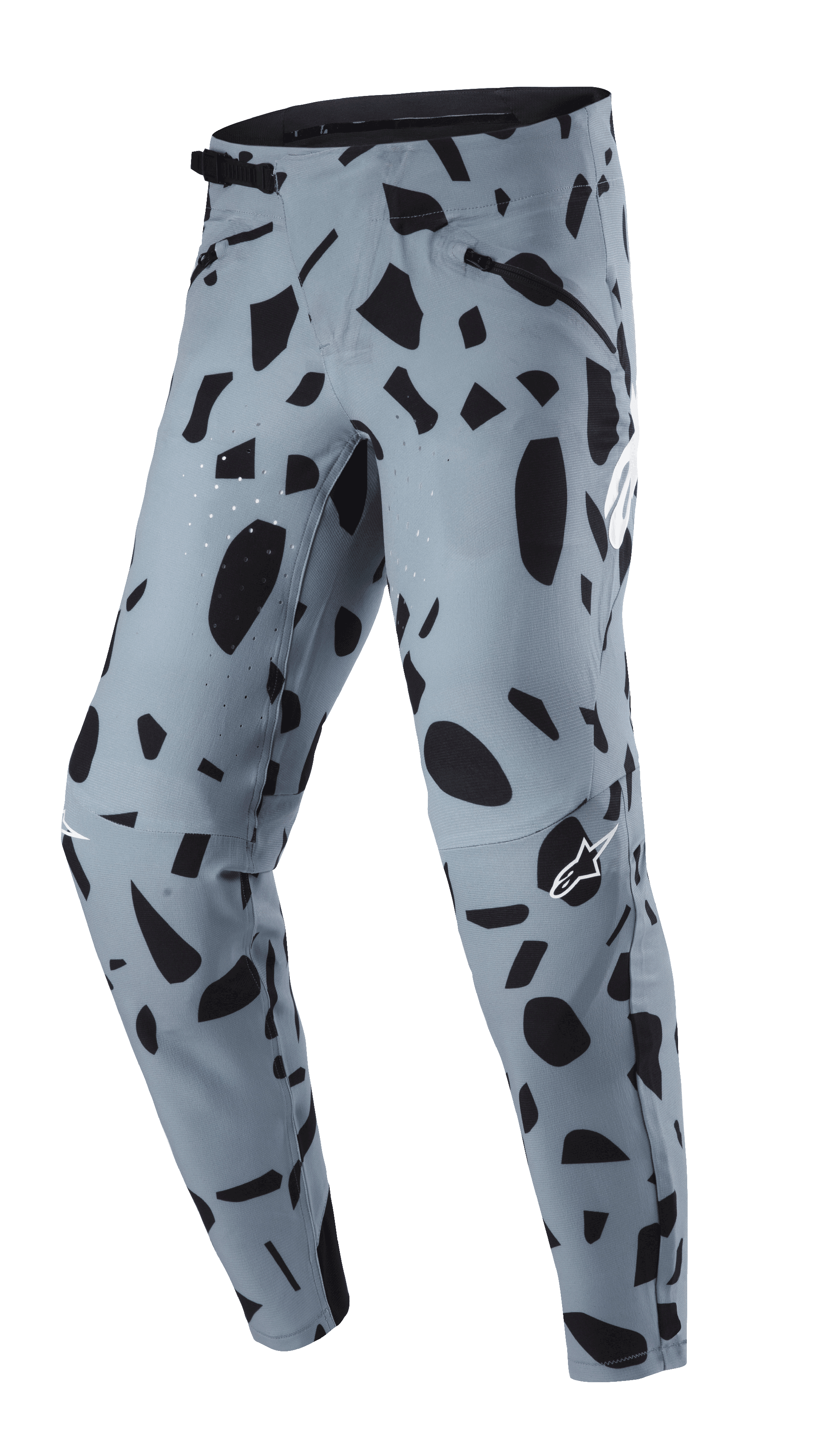 Alpinestars Techstar Envision Pants, MTB Pants, Ash Blue with black abstract pattern, featuring a ratchet waistband closure and zippered pockets, laser-perforated ventilation for breathability, designed for mountain bike riding