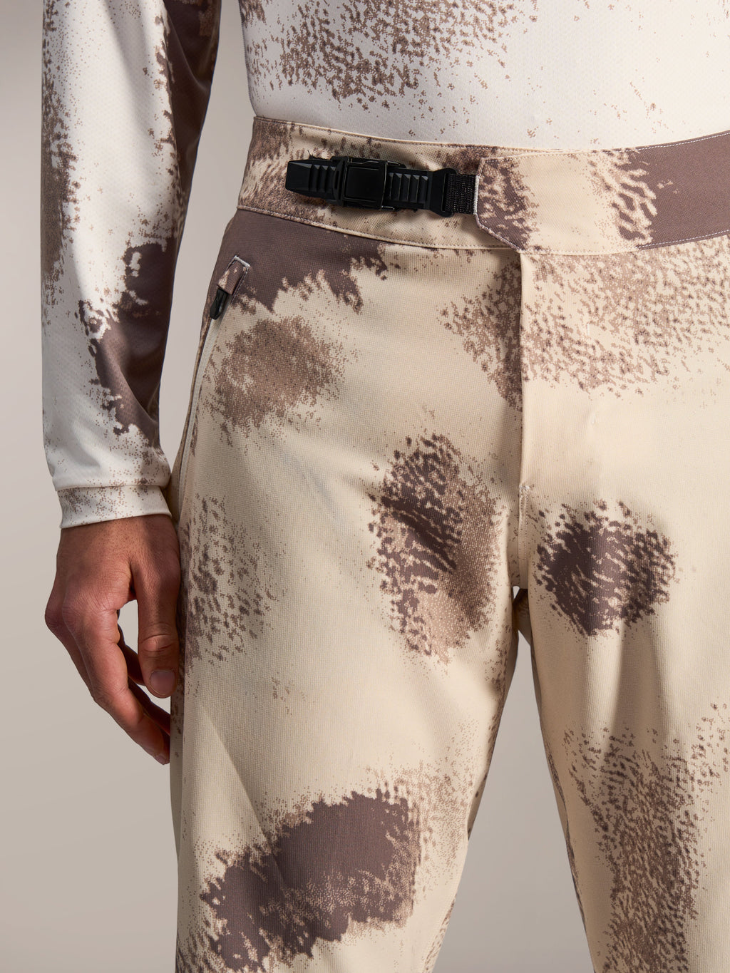 A-Dura Ride Shorts in Sand Camo with black ratchet waist closure, durable mountain bike apparel for off-road performance.