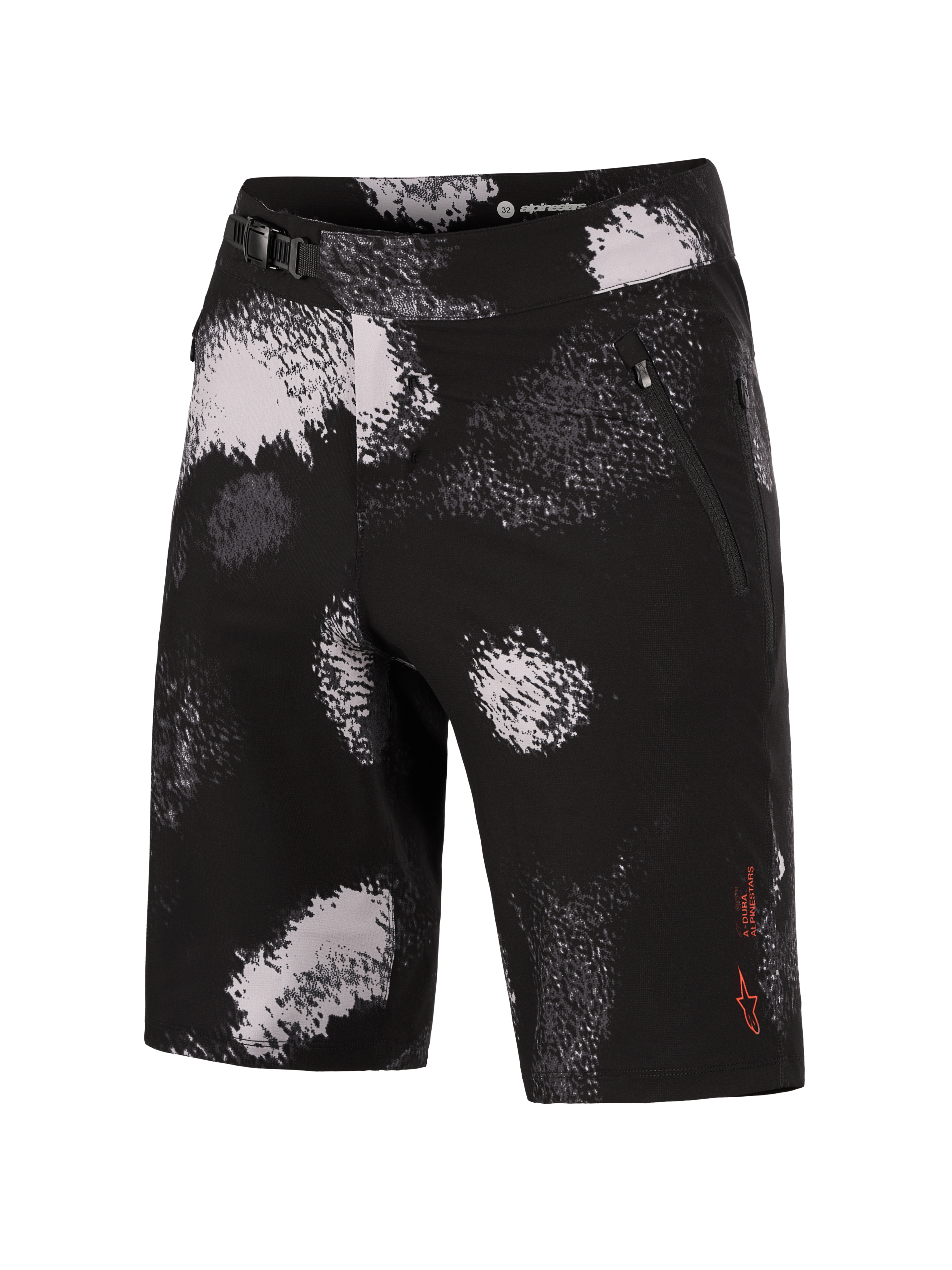 Alpinestars A-Dura Ride Shorts in Black Camo, durable MTB shorts with 4-way stretch and a secure ratchet waist closure.