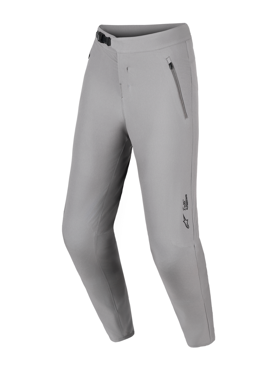 Alpinestars A-Dura Ride MTB Pants in gray, featuring 4-way stretch fabric, ratchet closure, and zippered side pockets.
