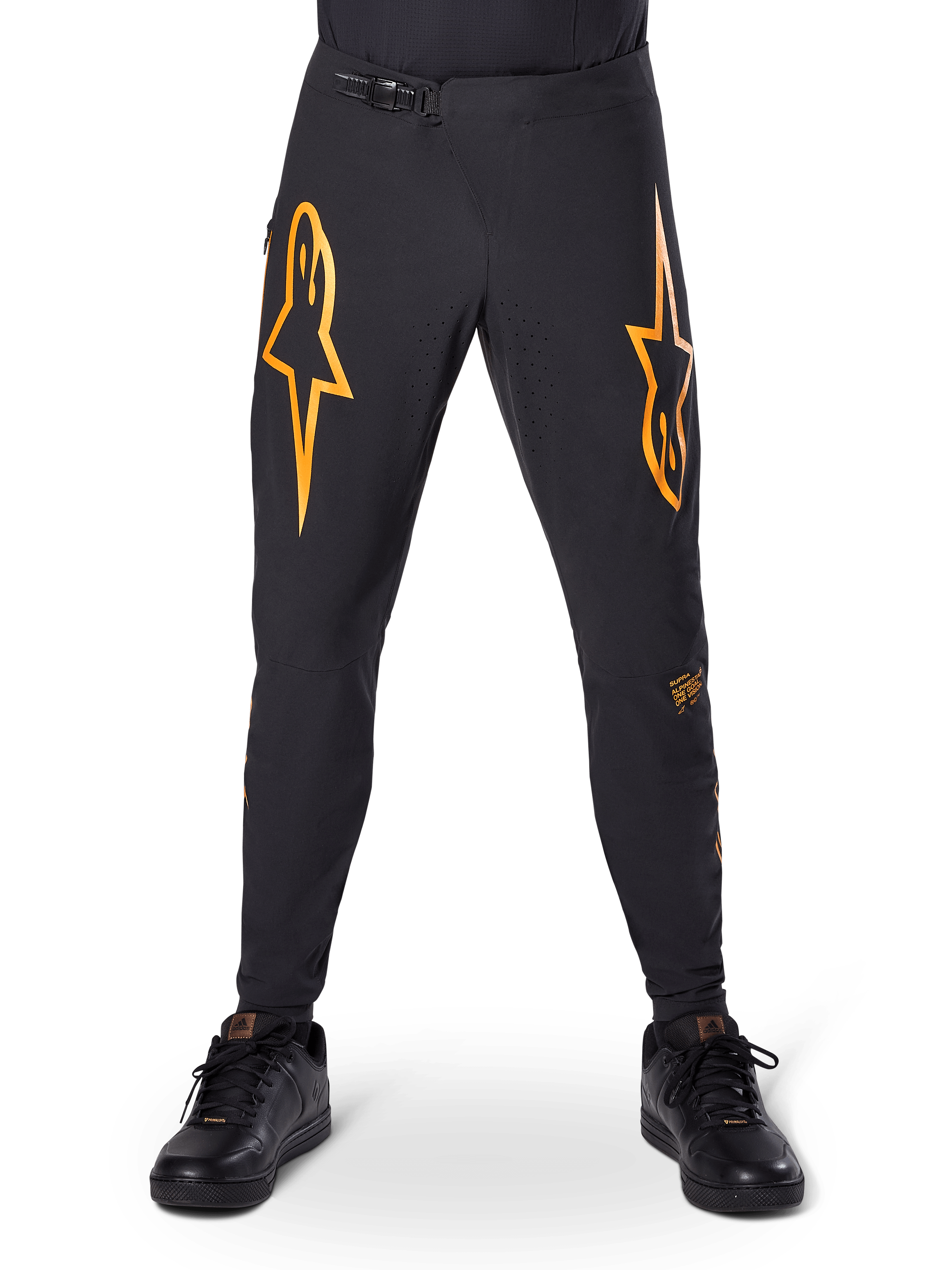 Alpinestars A-Supra Race Pants, MTB Cycling Pants, Black with bold orange logos, featuring a ratchet waist closure and laser-perforated ventilation, performance fit designed for off-road mountain bike racing
