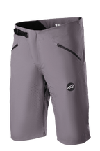 Alpinestars Drop Algorithm Shorts, MTB Mountain Biking Shorts, Sparrow Gray, laser-perforated ventilation on thighs, two black zippered pockets, adjustable ratchet waist buckle, Alpinestars star logo patch, lightweight technical stretch fabric