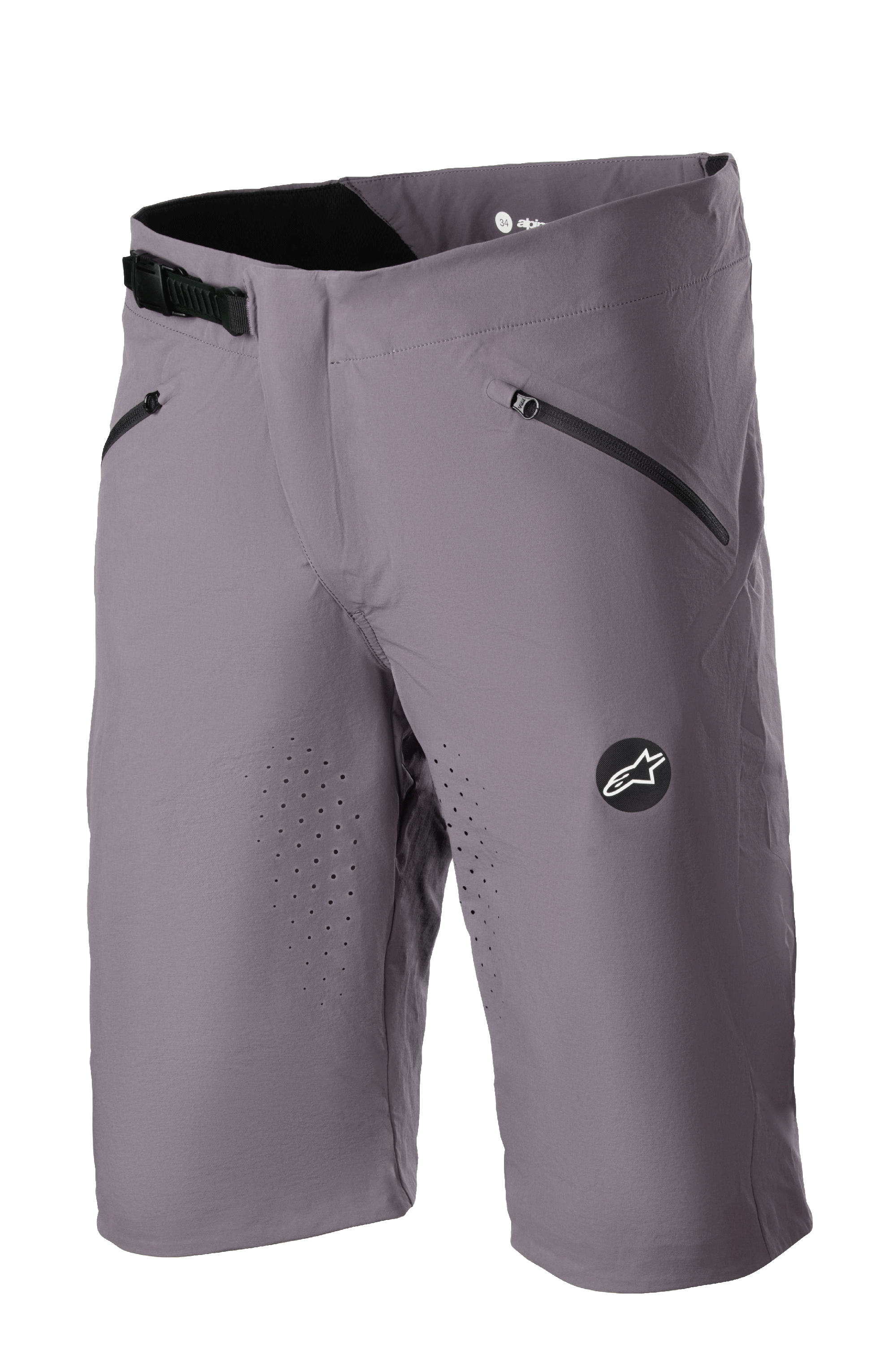 Alpinestars Drop Algorithm Shorts, MTB Mountain Biking Shorts, Sparrow Gray, laser-perforated ventilation on thighs, two black zippered pockets, adjustable ratchet waist buckle, Alpinestars star logo patch, lightweight technical stretch fabric