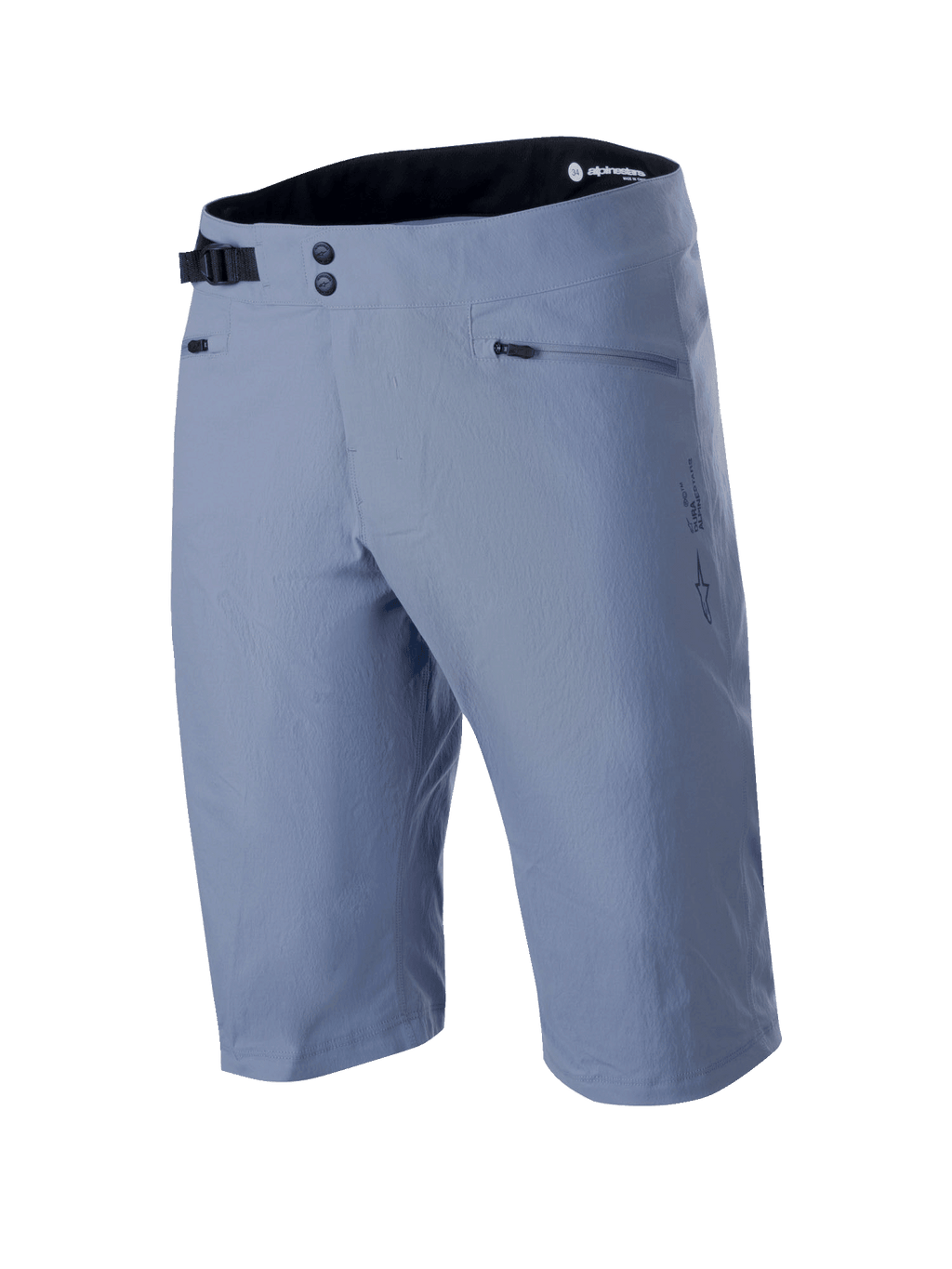 Alpinestars A-Dura Shorts, Mountain Bike Shorts, Infinity Blue, featuring double snap front closure, adjustable black side cinch buckle, zippered pockets, and textured 2-way stretch fabric, technical MTB apparel