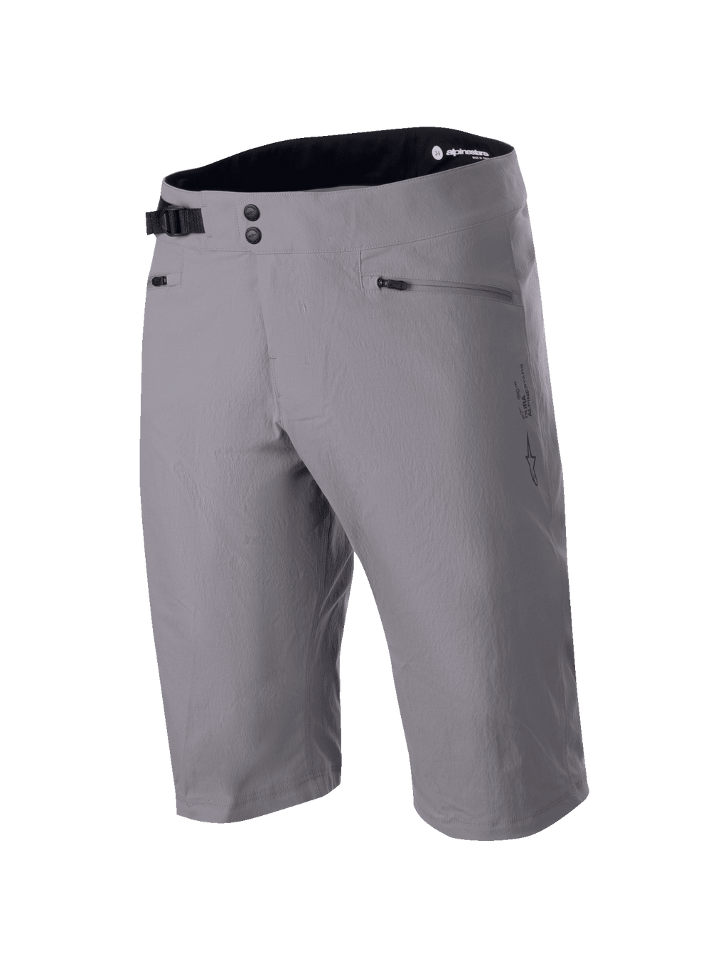 Alpinestars A-Dura Shorts, MTB Shorts, Dark Gray, knee-length design with double snap waist closure and adjustable side cinch, zippered pockets, technical 2-way stretch fabric for mountain biking