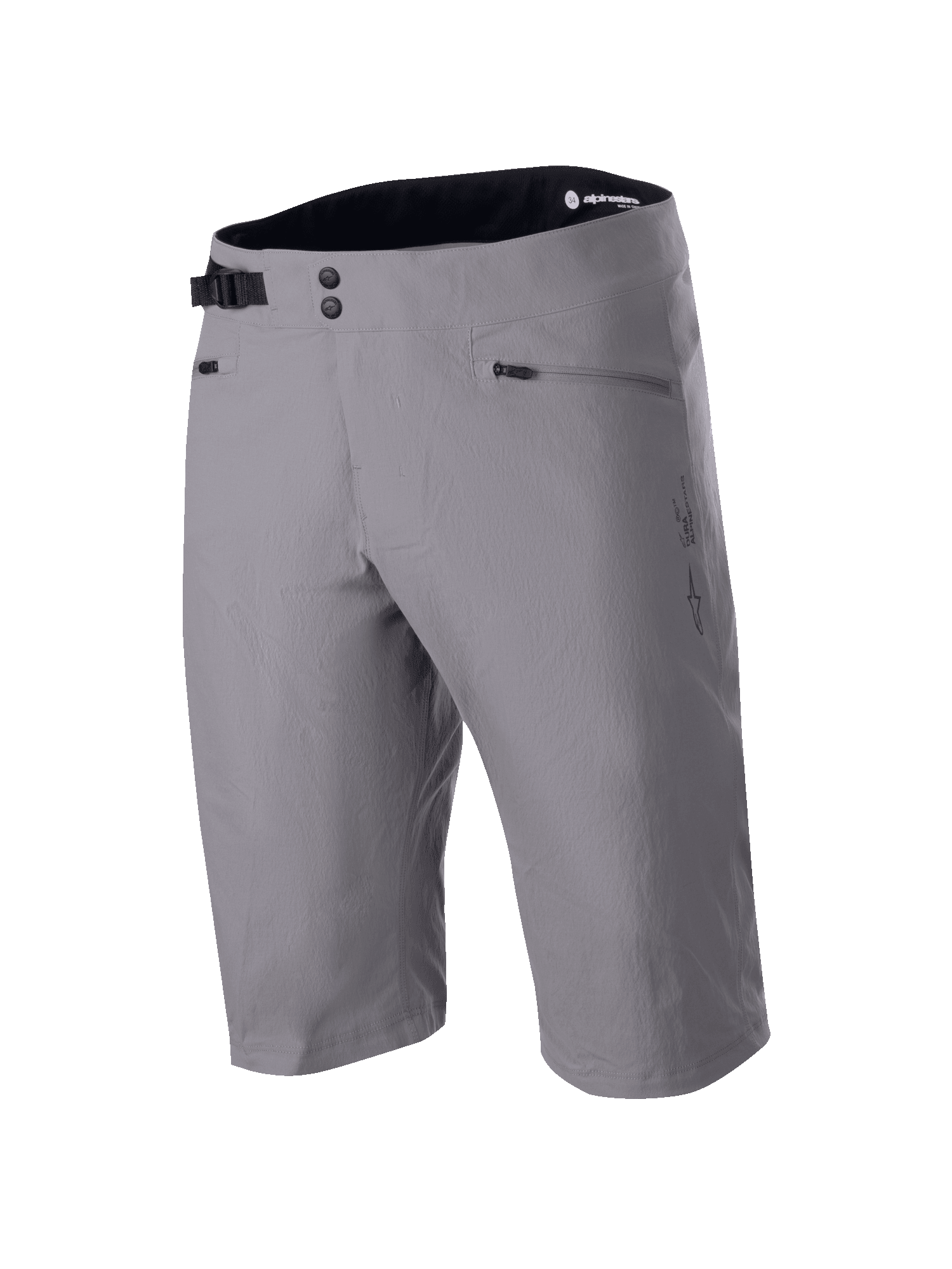 Alpinestars A-Dura Shorts, MTB Shorts, Dark Gray, knee-length design with double snap waist closure and adjustable side cinch, zippered pockets, technical 2-way stretch fabric for mountain biking