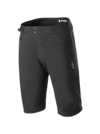Alpinestars A-Dura Liner Shorts, Black Mountain Bike Shorts, double snap closure with adjustable side waist cinch, zippered hand pockets, white star logo on the leg, durable and stretchy fabric for MTB riding.