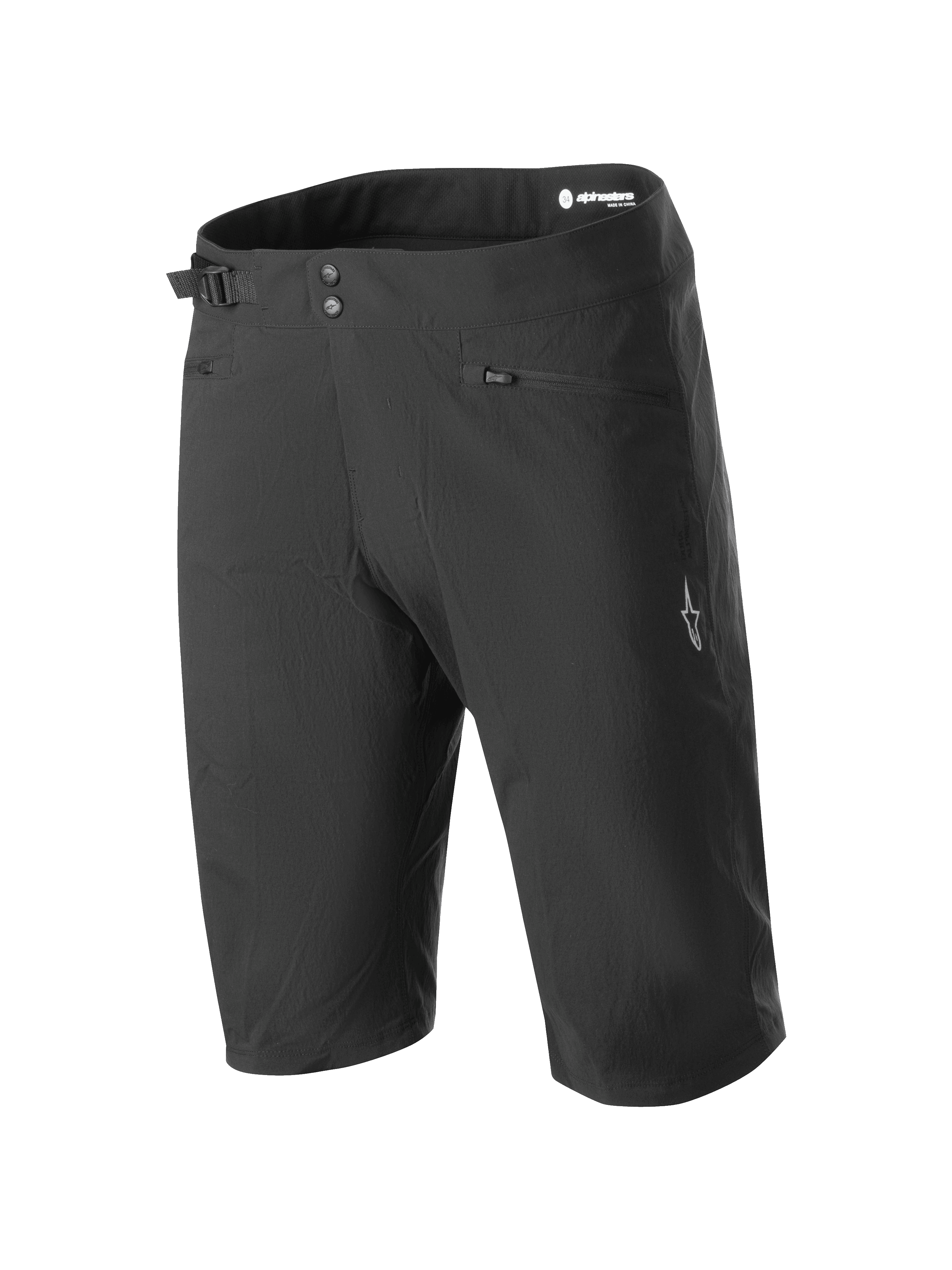 Alpinestars A-Dura Liner Shorts, Black Mountain Bike Shorts, double snap closure with adjustable side waist cinch, zippered hand pockets, white star logo on the leg, durable and stretchy fabric for MTB riding.
