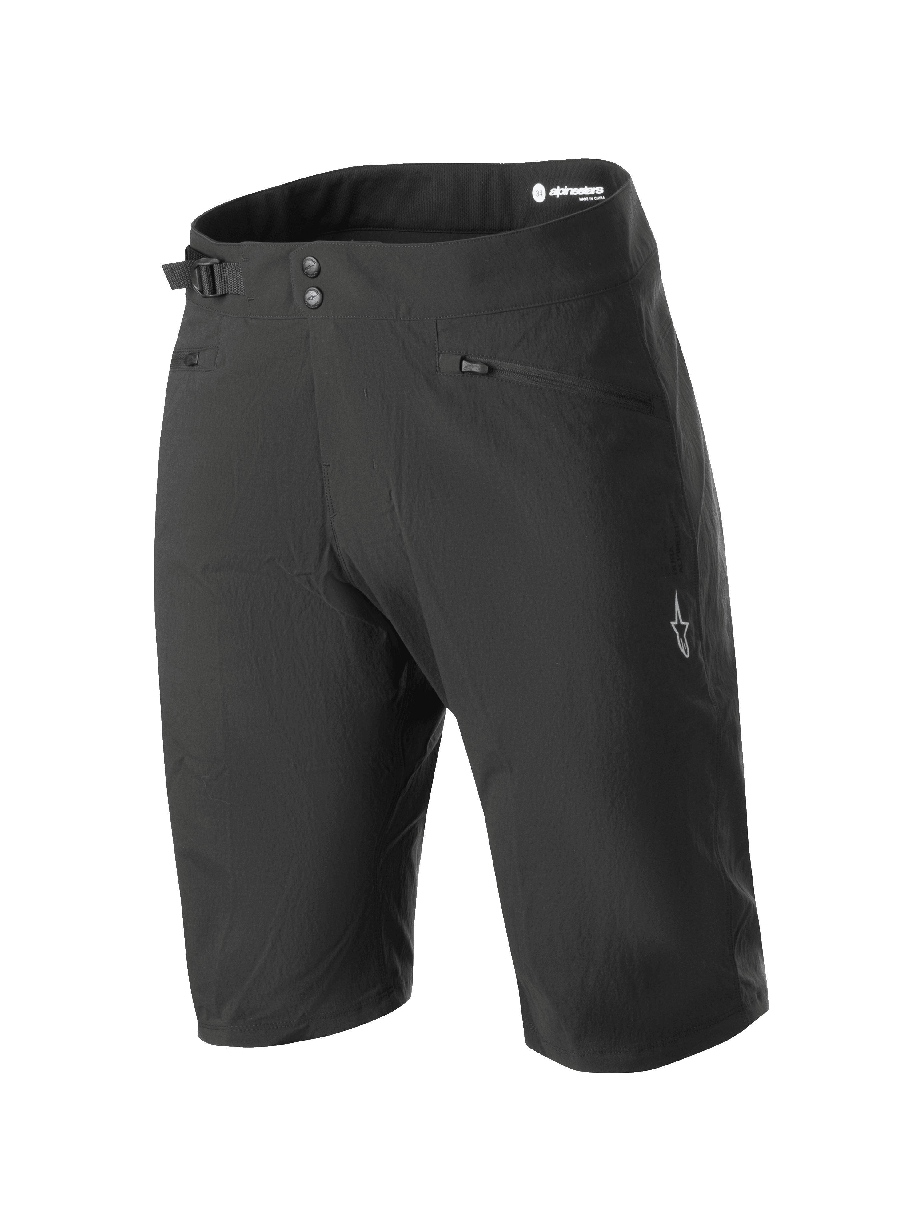 Alpinestars Stella A-Dura Liner Shorts, Women's Black Mountain Bike Shorts, knee-length featuring double snap closure and side cinch adjuster, zippered pockets and white star logo on the leg, durable 2-way stretch fabric for MTB riding