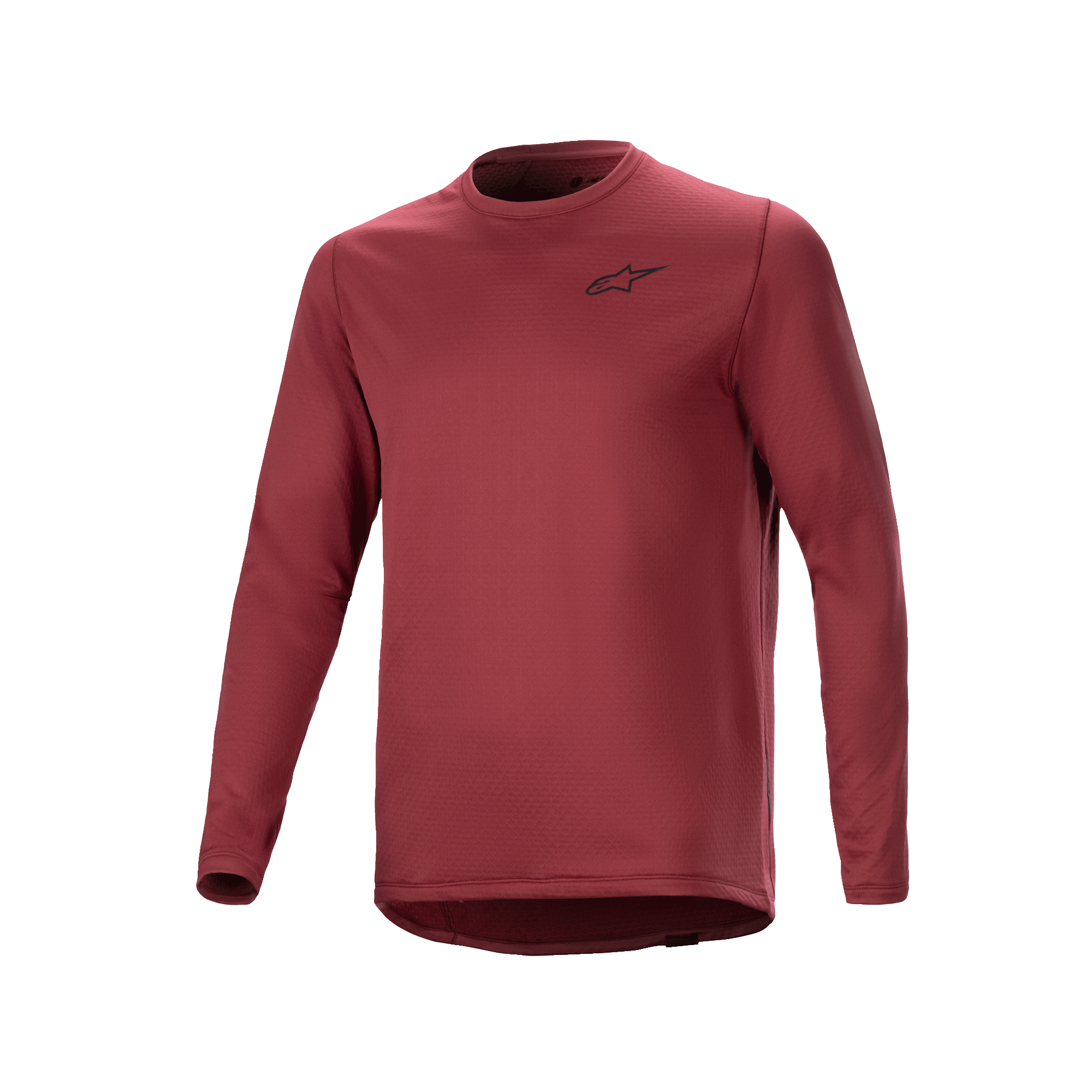 Alpinestars A-Dura Thermal Jersey, Long Sleeve Cycling Jersey, Burgundy, textured insulated fabric with small black star logo on the chest, extended drop tail hem for MTB riding.