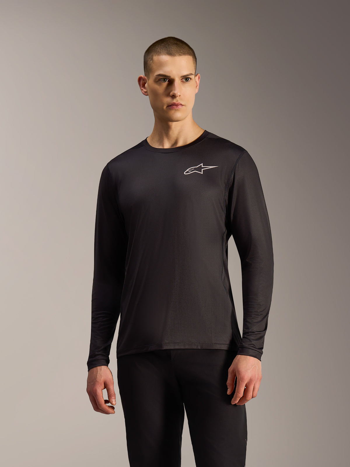 Black A-Dura Air Long Sleeve Jersey, technical jacquard mesh with silver Astars logo, performance mountain bike apparel.